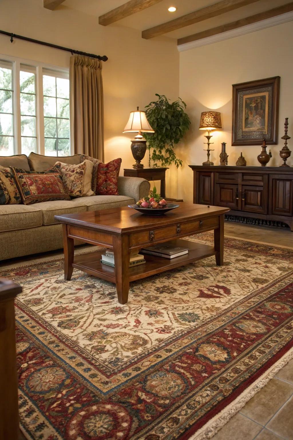 A statement rug anchors this traditional family room exquisitely.
