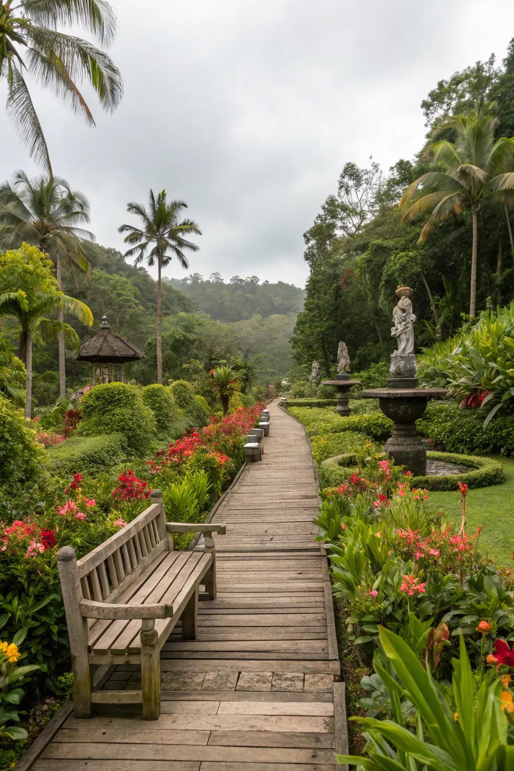 Raw feels of wood and stone enriching the tropical garden's charm.