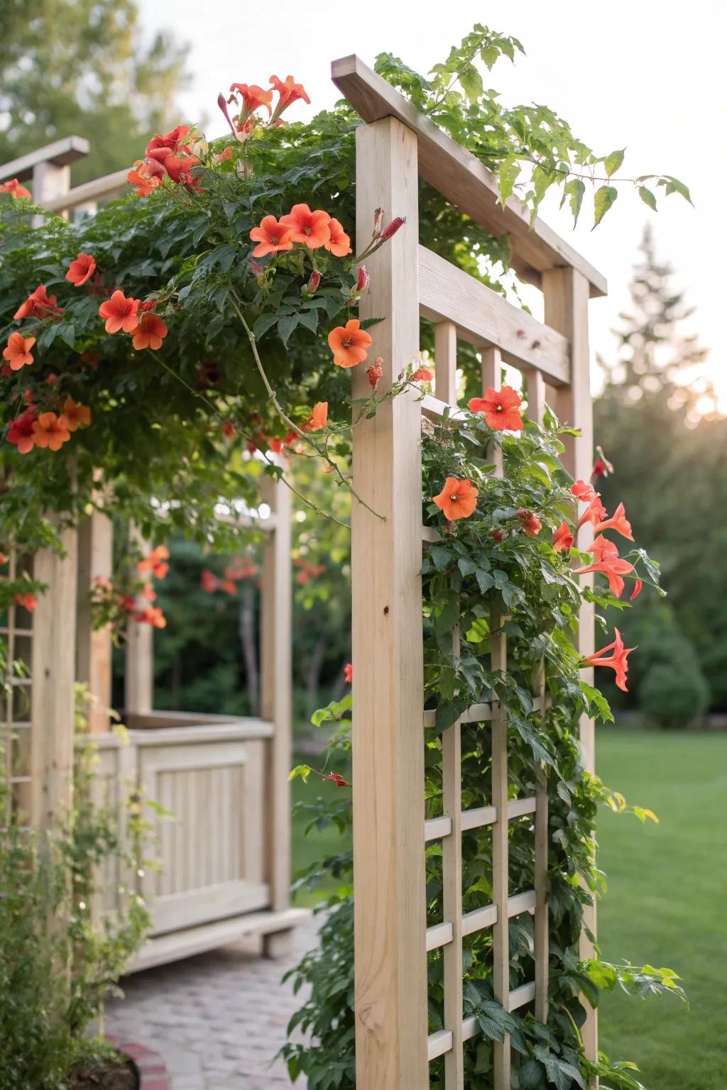 Transform your garden with a stunning freestanding trellis screen, where vibrant trumpet vines meet minimalist elegance.
