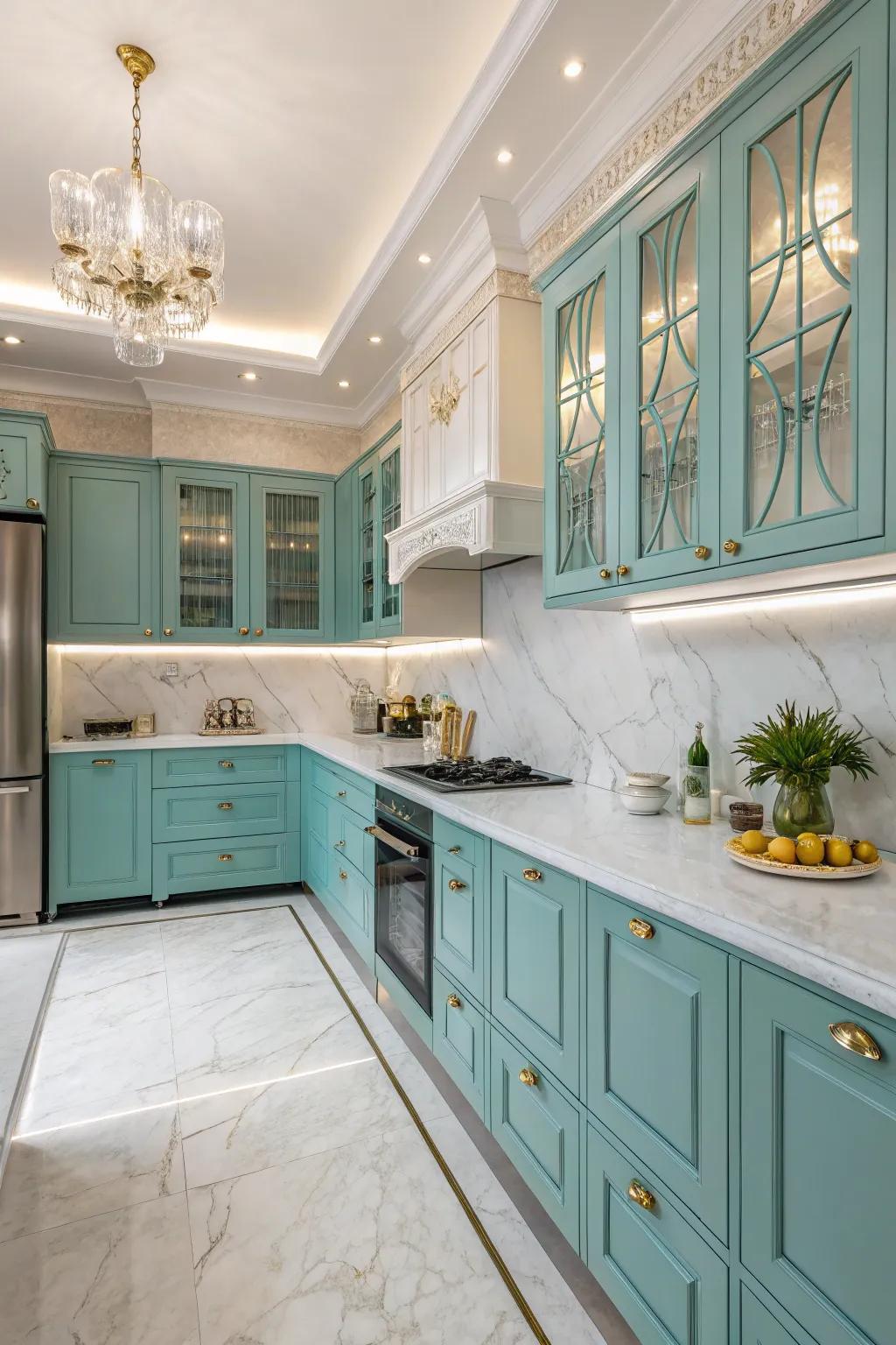 Marble worktops delivering a streamlined contrast against turquoise cabinetry.