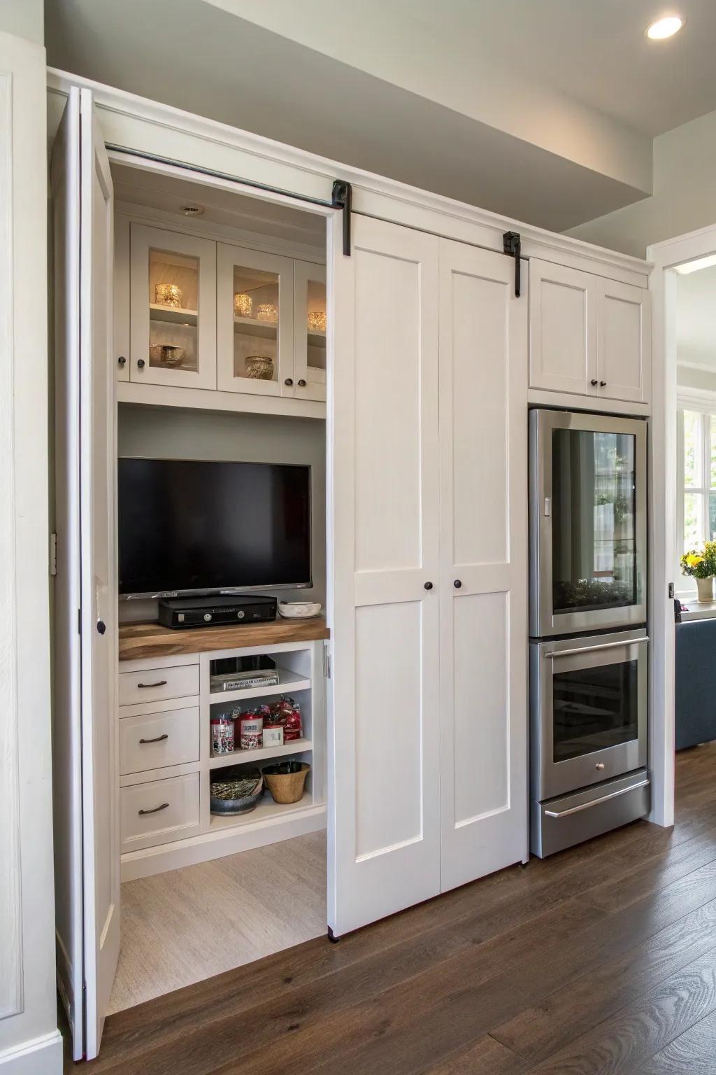 A TV hidden behind sliding panels, which keeps a sleek cooking space aesthetic.