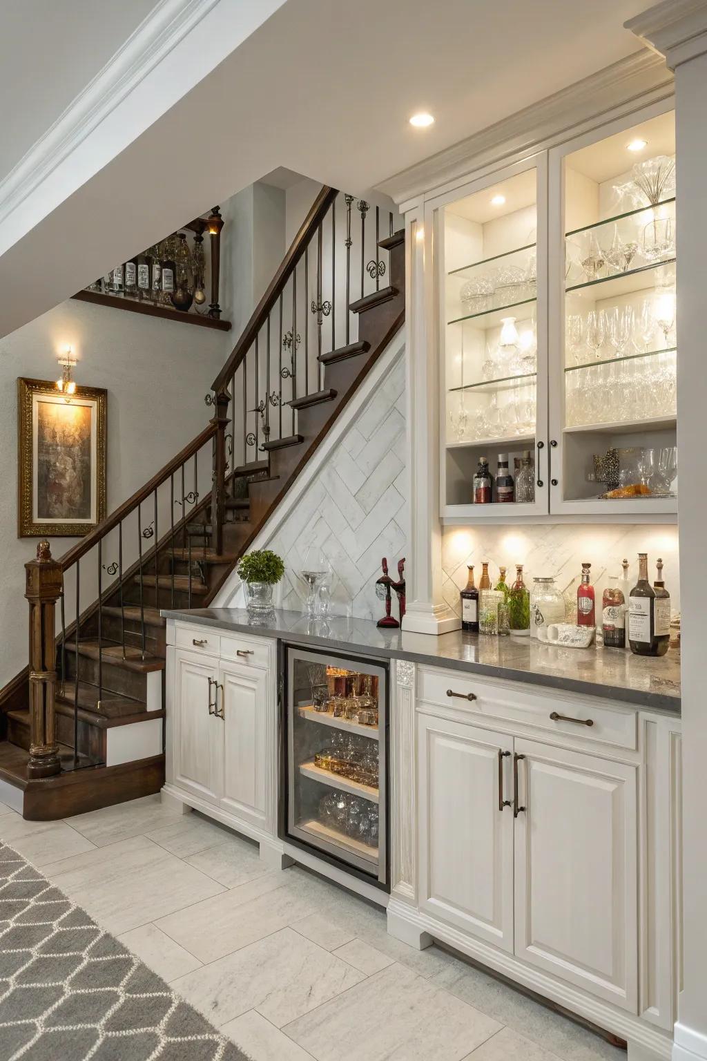 A chic dry bar for entertaining under the stairs.