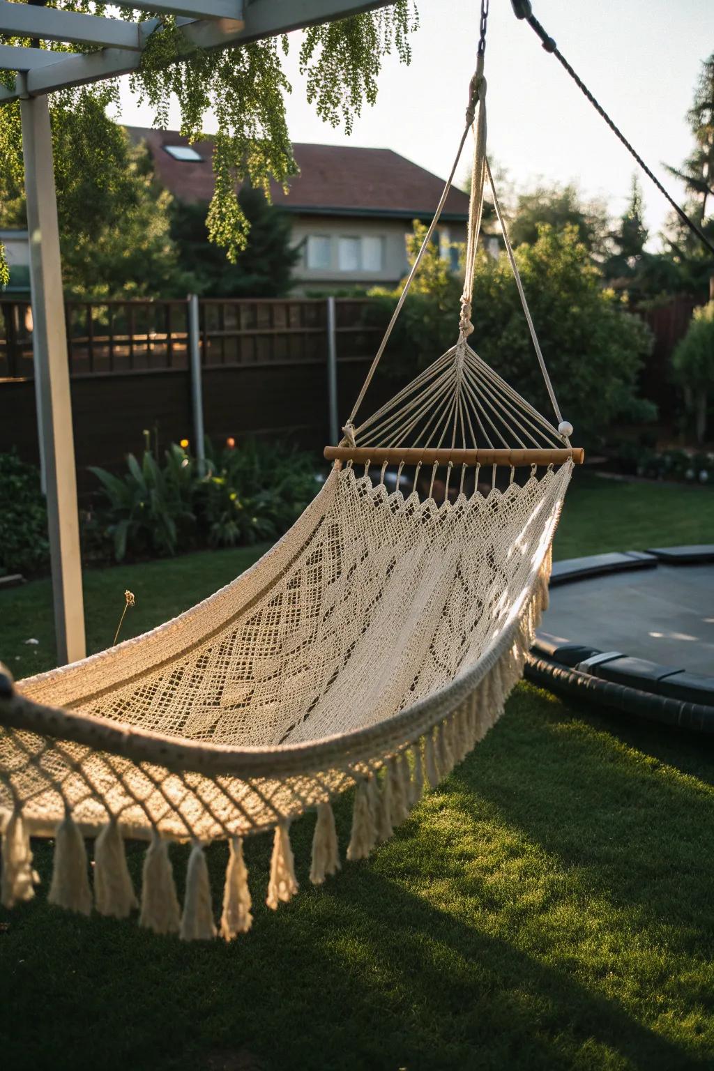 Find your escape: a handcrafted hammock retreat under the trampoline.