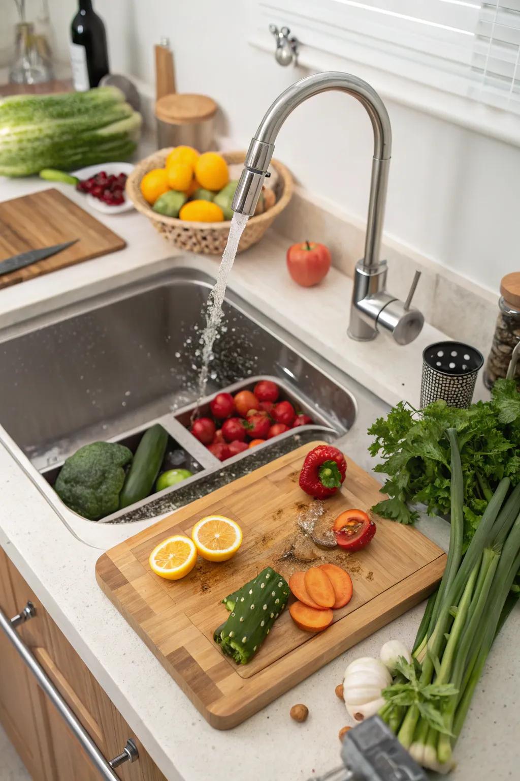 An undermount sink with a built-in cutting board, improving kitchen functionality.