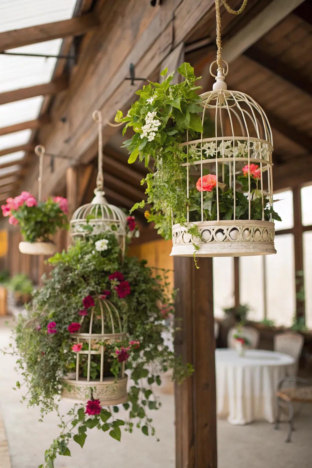 Birdcages create a romantic and whimsical hanging display.