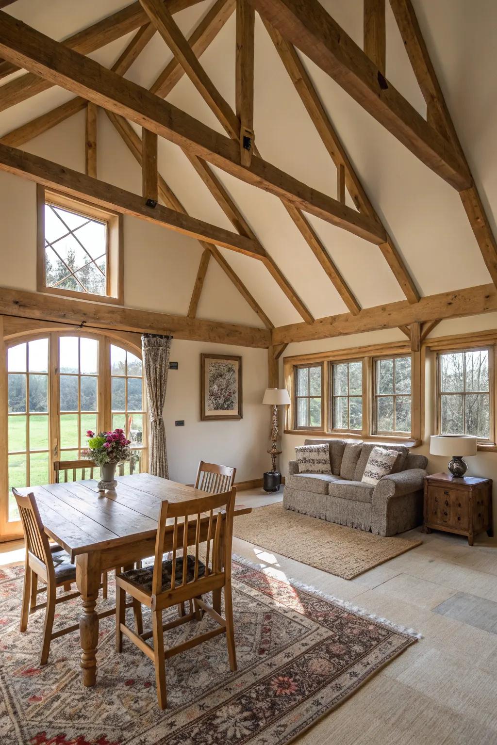 Rural charm with visible framework on a vaulted ceiling.