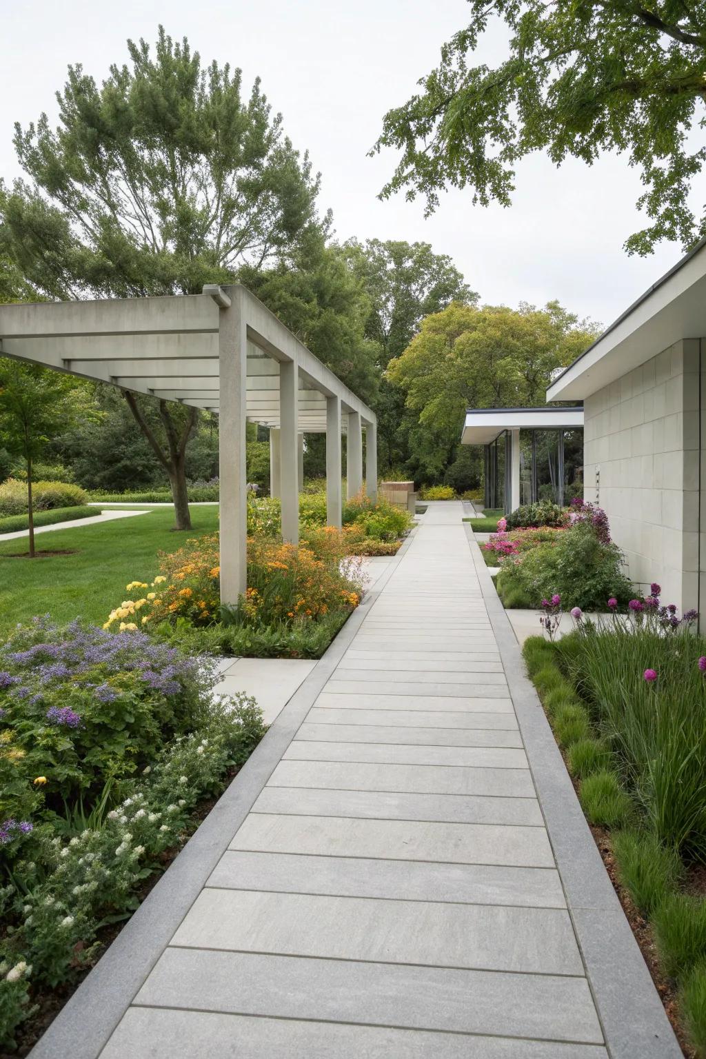 Modern minimalism instills pared-down elegance into any garden walkway.