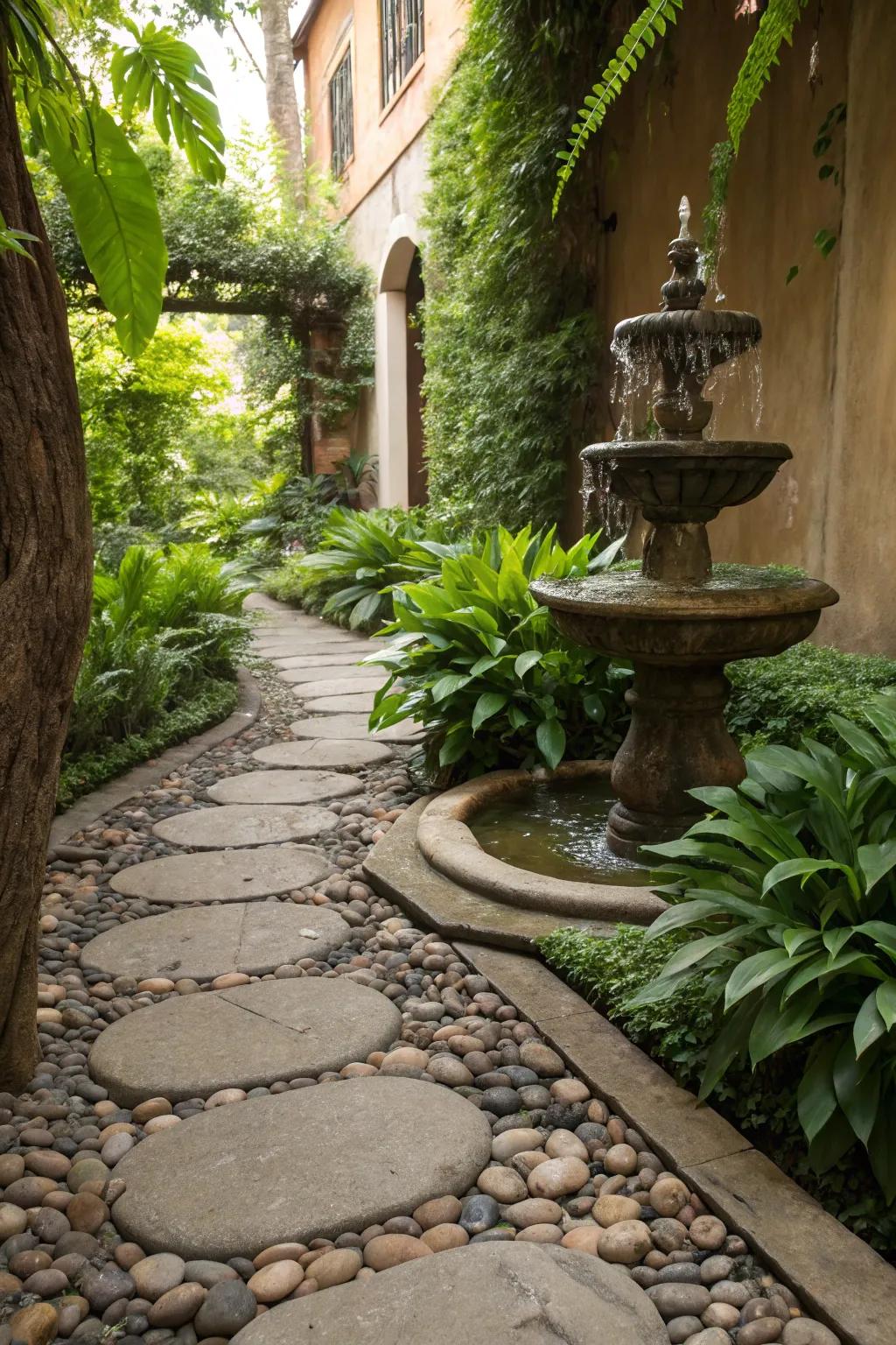 A tranquil walkway enhanced by the soothing sound of a nearby garden fountain.