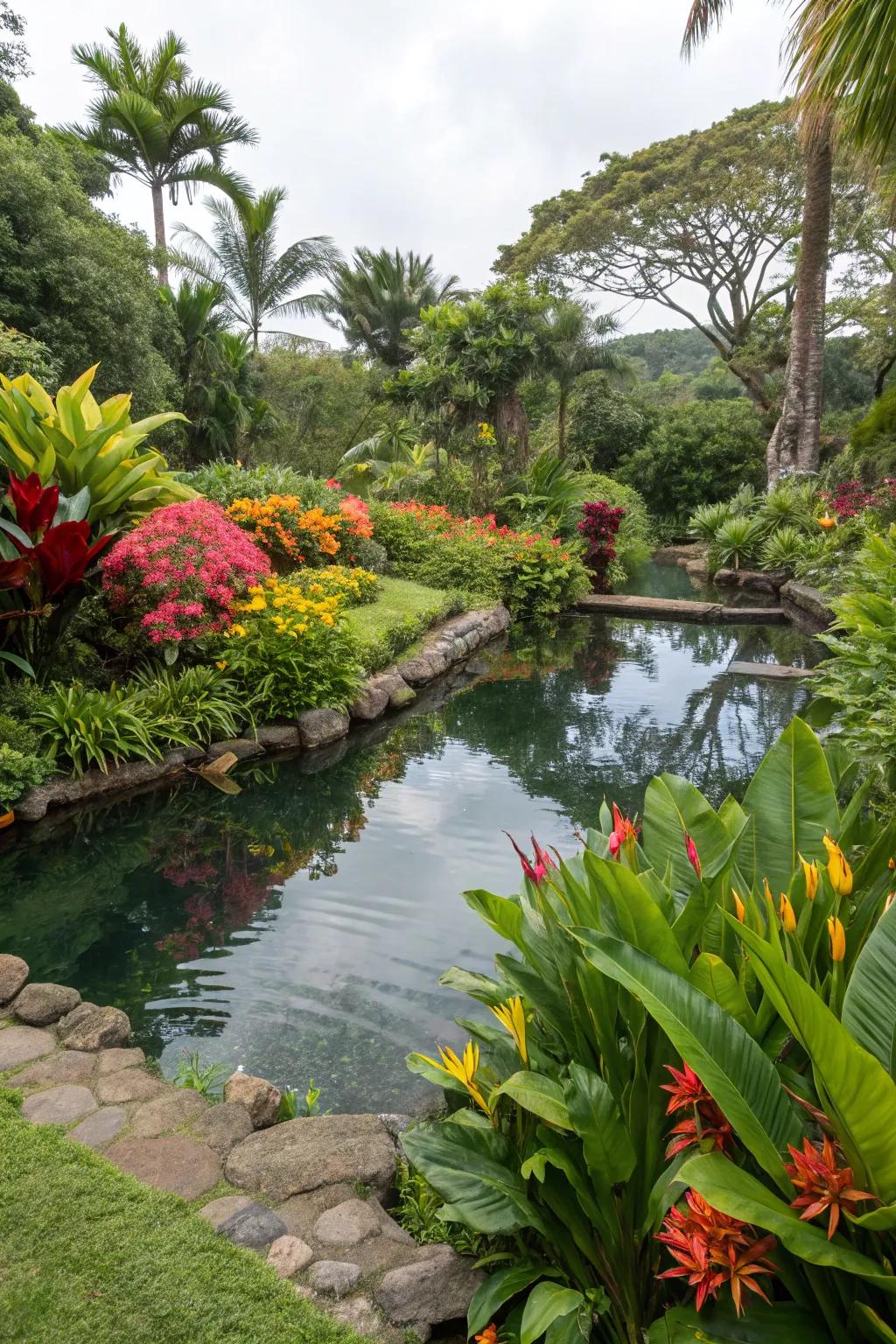 Integrating exotic foliage around water features enhances vibrant, lush aesthetics.
