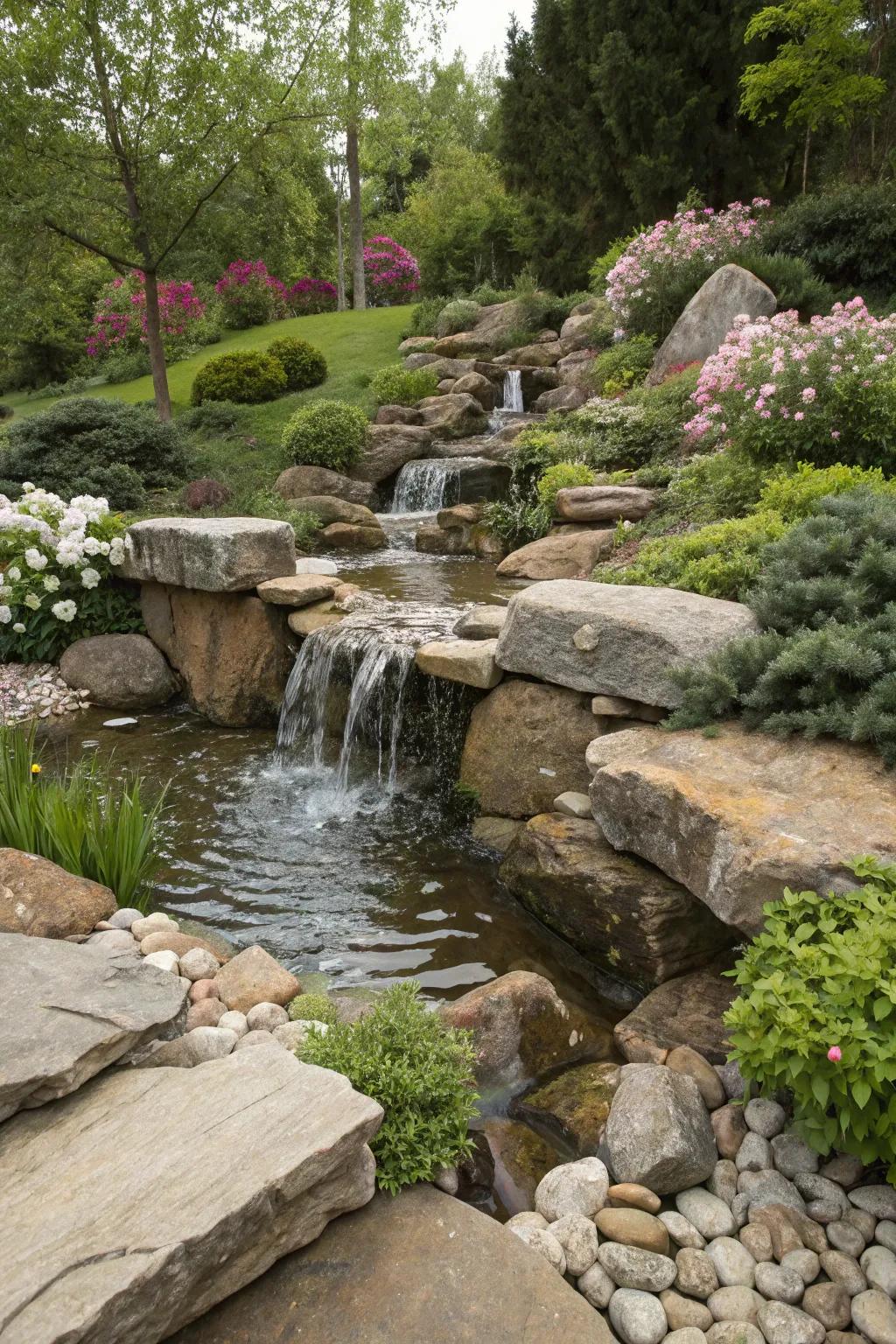 An inventive garden cascade featuring stones artistically arranged in a spiral design.