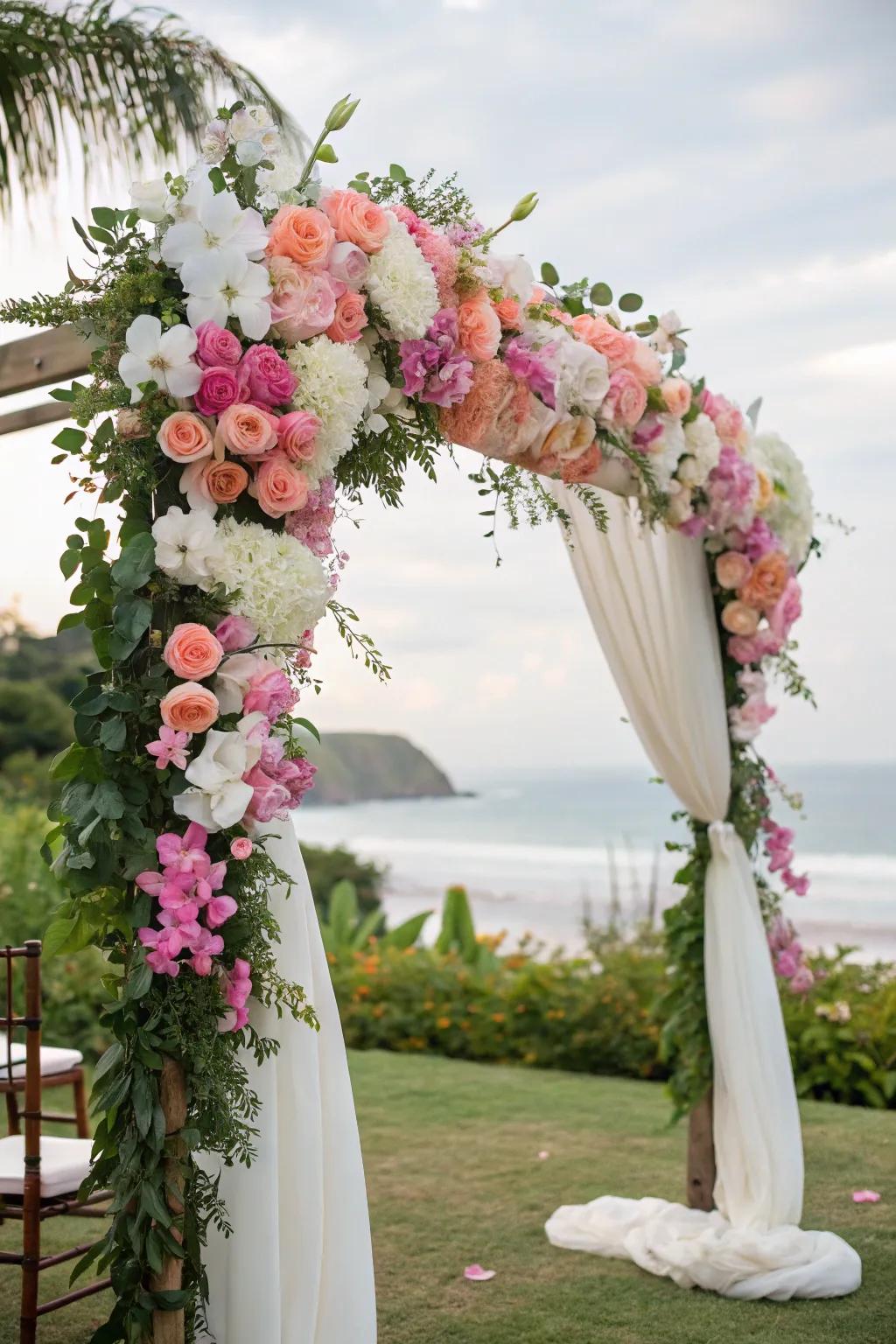 Assorted bloom arch featuring peonies and orchids