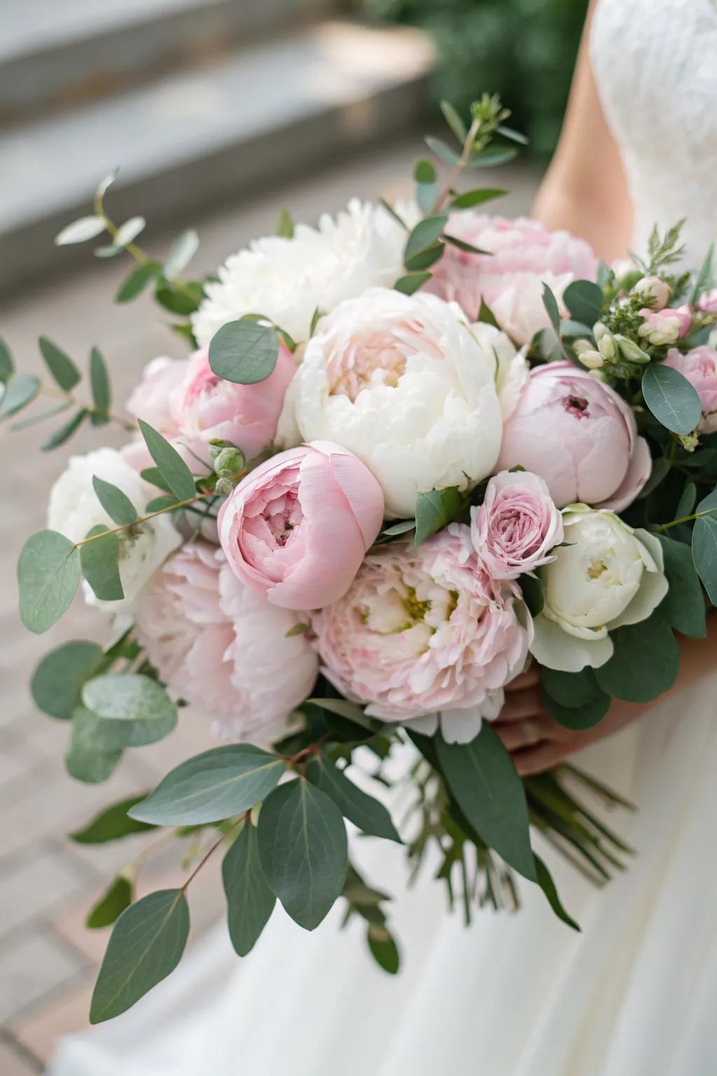 A timeless peony arrangement in gentle rose and snow tones.