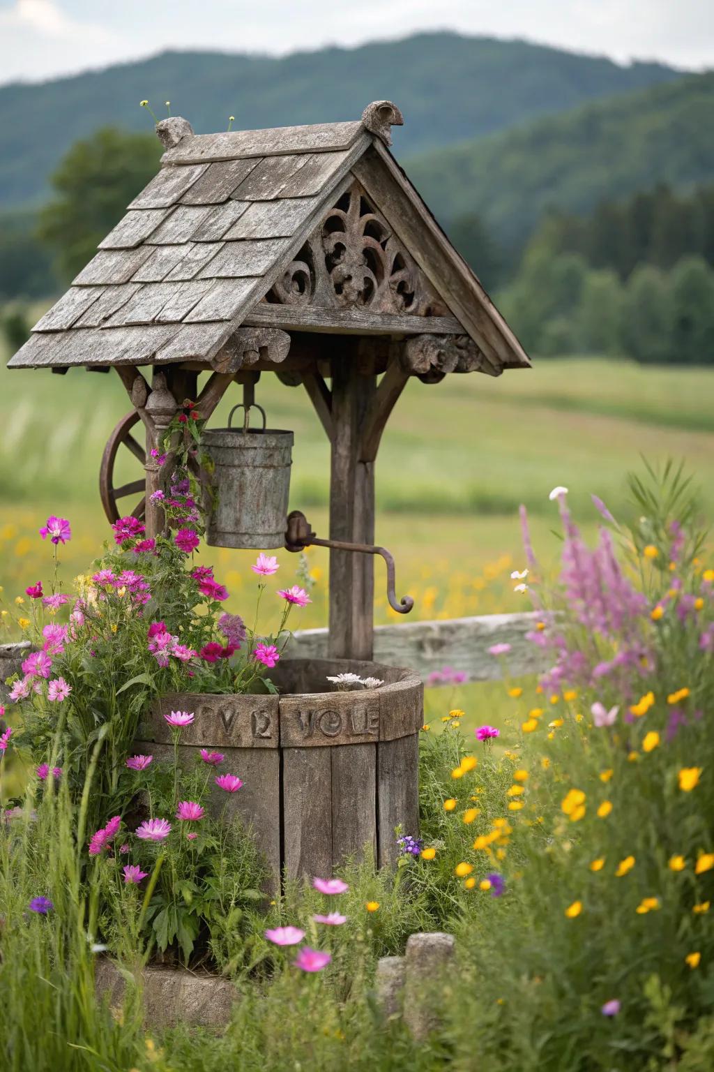 Traditional design elements bring rustic charm to this well cover.