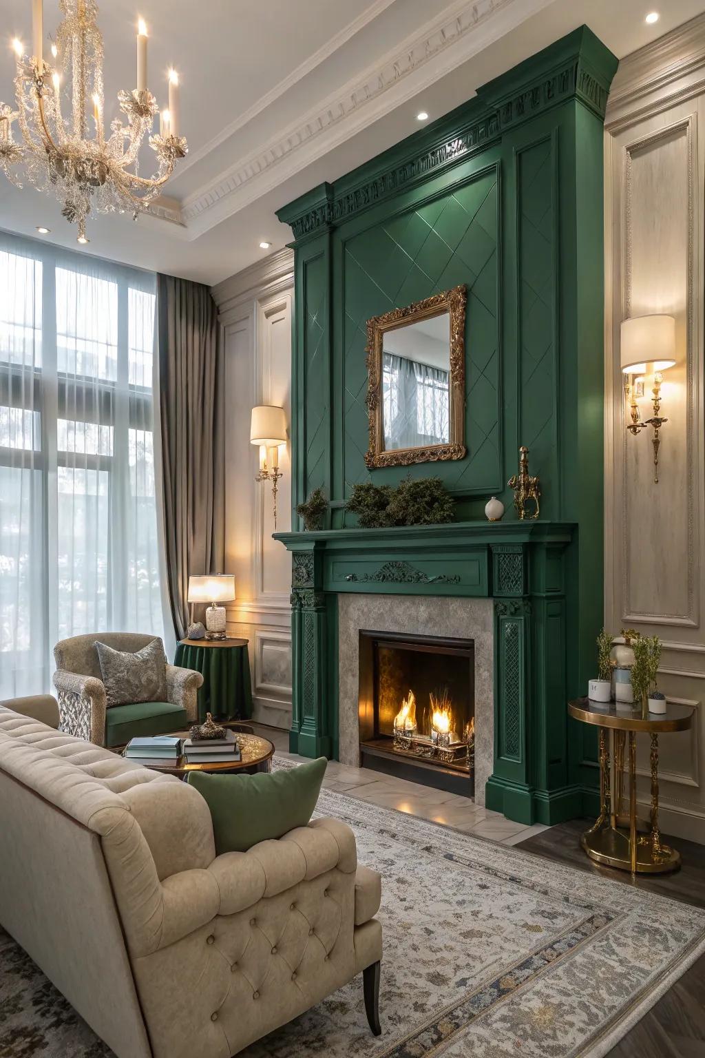 An emerald green fireplace creates a lush focal point in this stylish room.