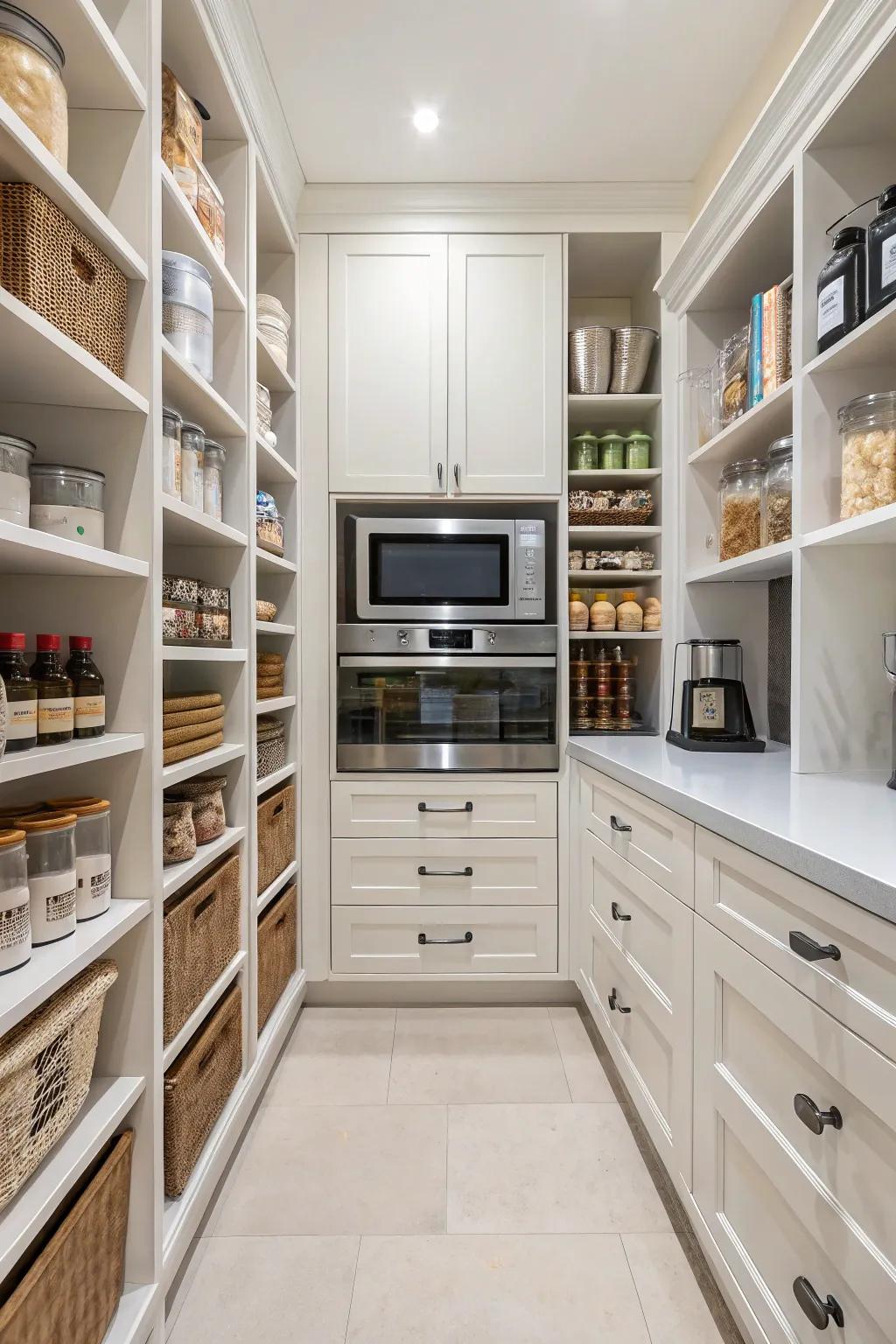 A walk-in pantry with a speed oven supports an open, clutter-free kitchen design.
