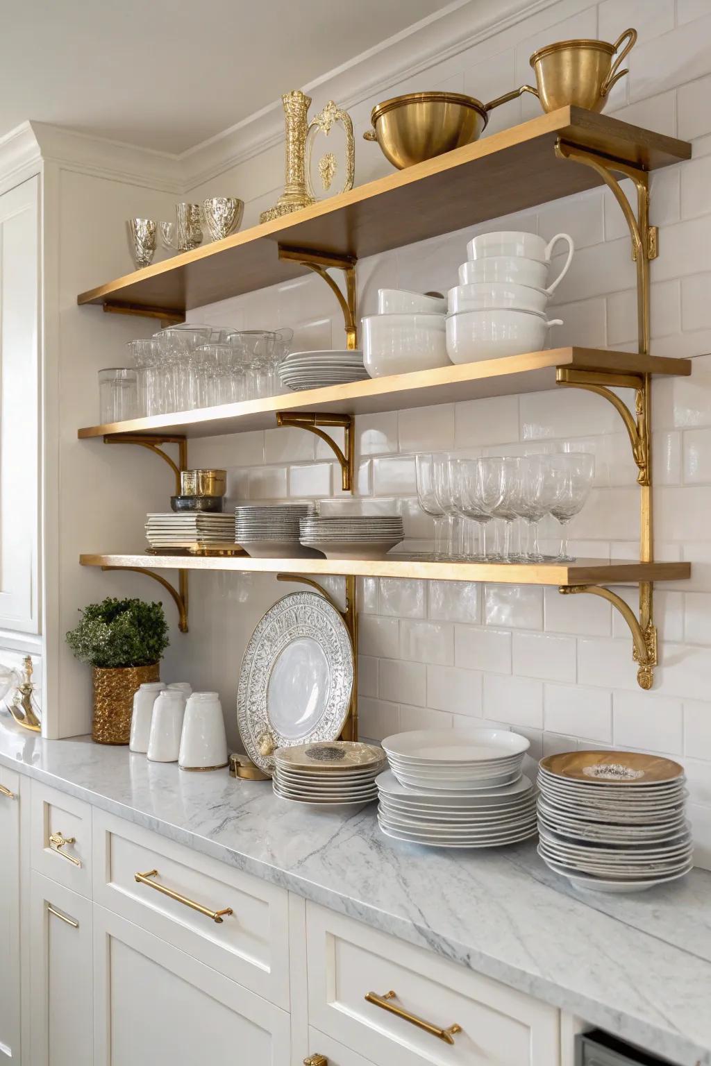 Open shelving with gold brackets offers style and functionality.