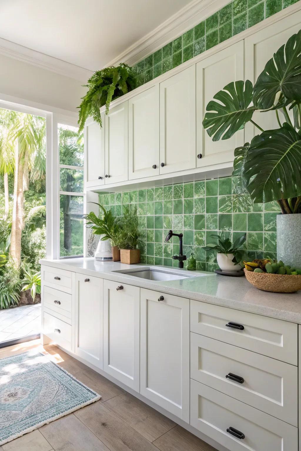 Green toned tiles permeating a natural vitality within a bright cabinet kitchen setting.