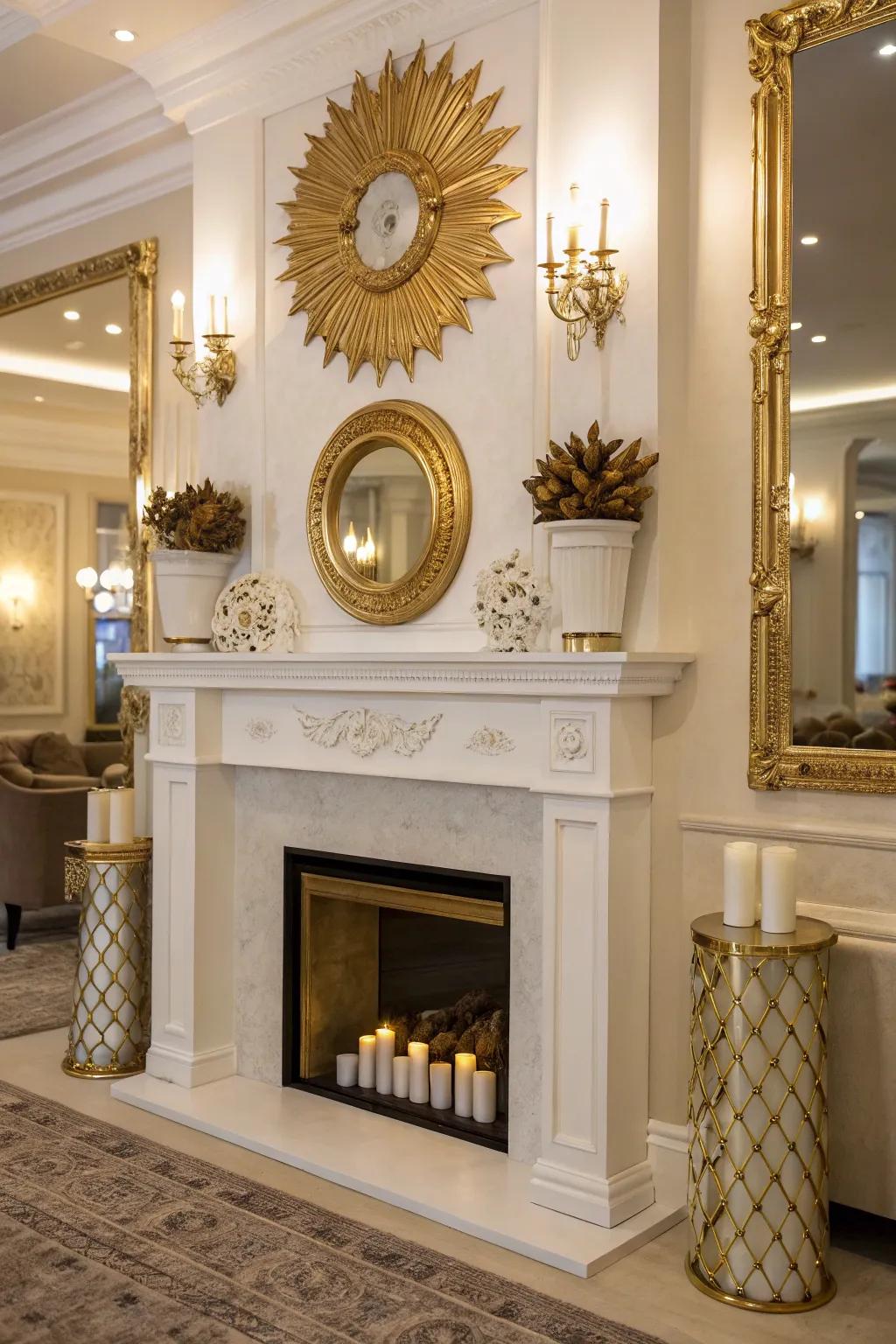 Gilded details elevate the elegance of a white firebox.