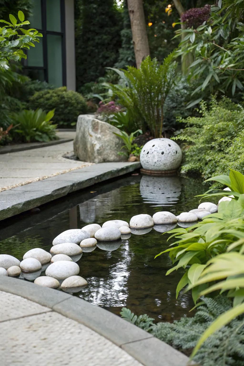 A water feature adorned with white stones introduces tranquility to the garden.
