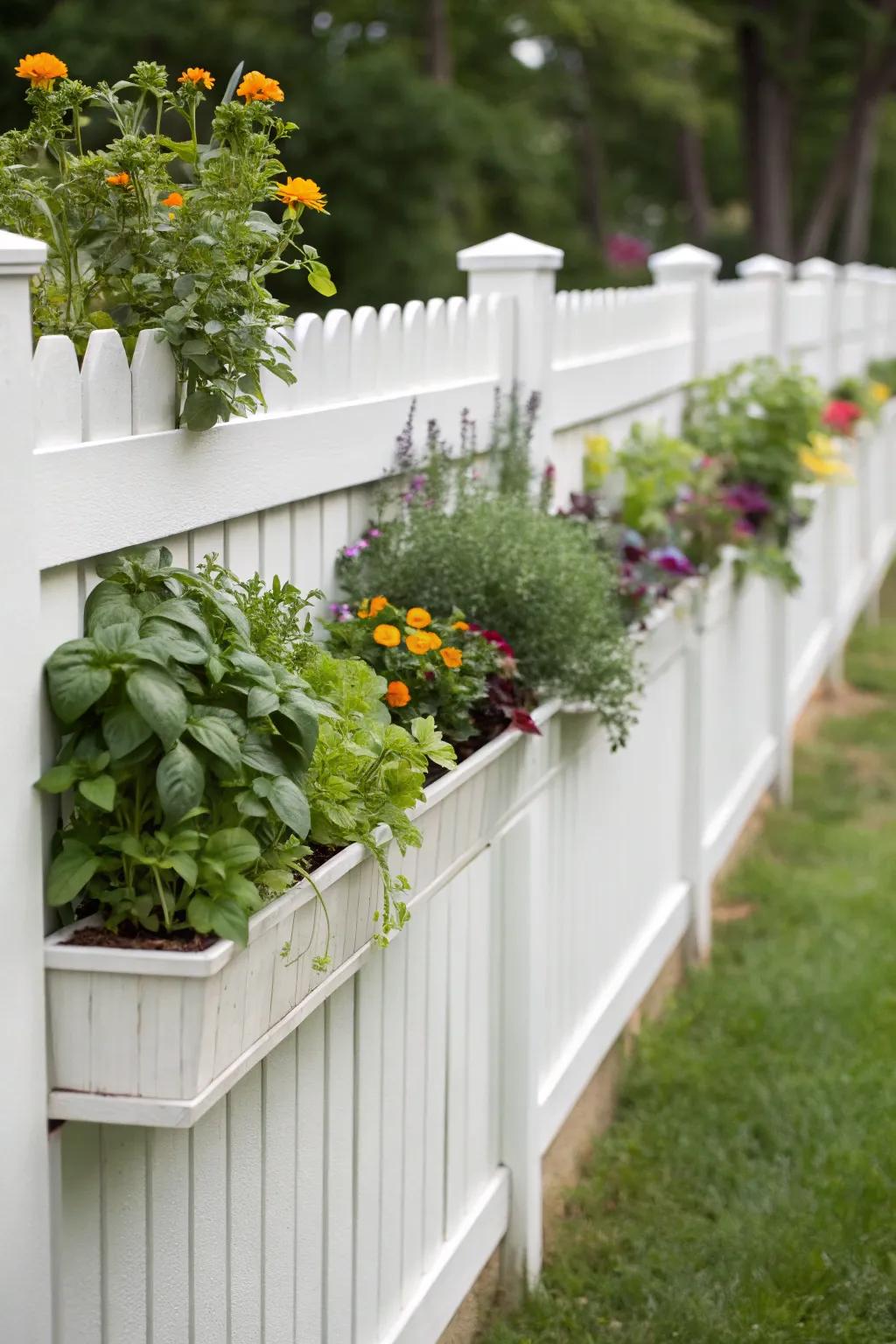 Flora boxes on a white boundary inject a functional and aesthetic element to the garden.