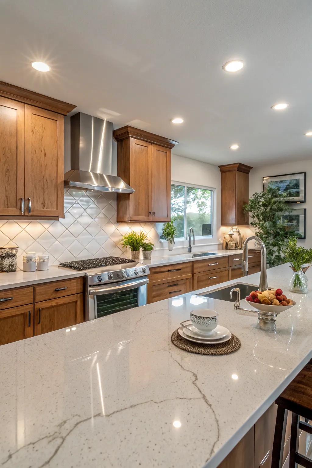 Mineral backsplash employed as a striking featured partition inside the kitchen.
