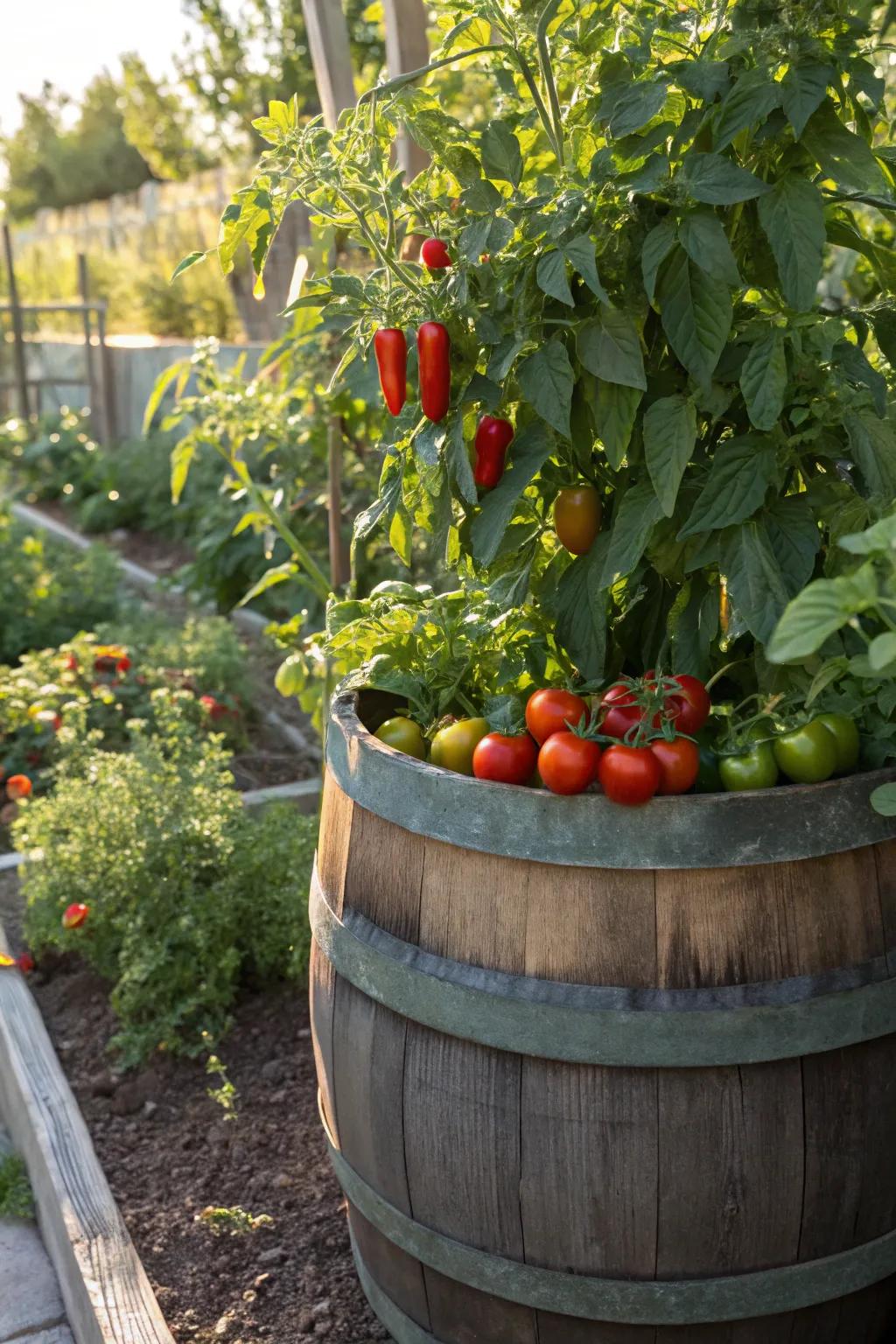 A productive vegetable garden in a wine barrel.