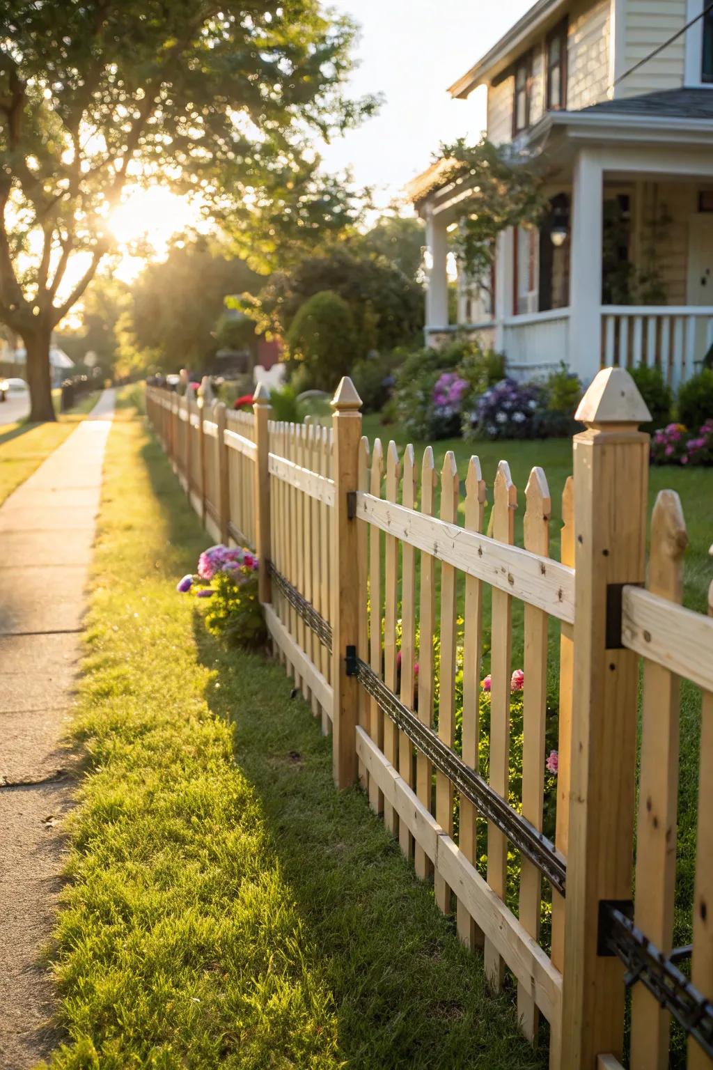 A charming visible picket fence highlighted with timber and metal features.