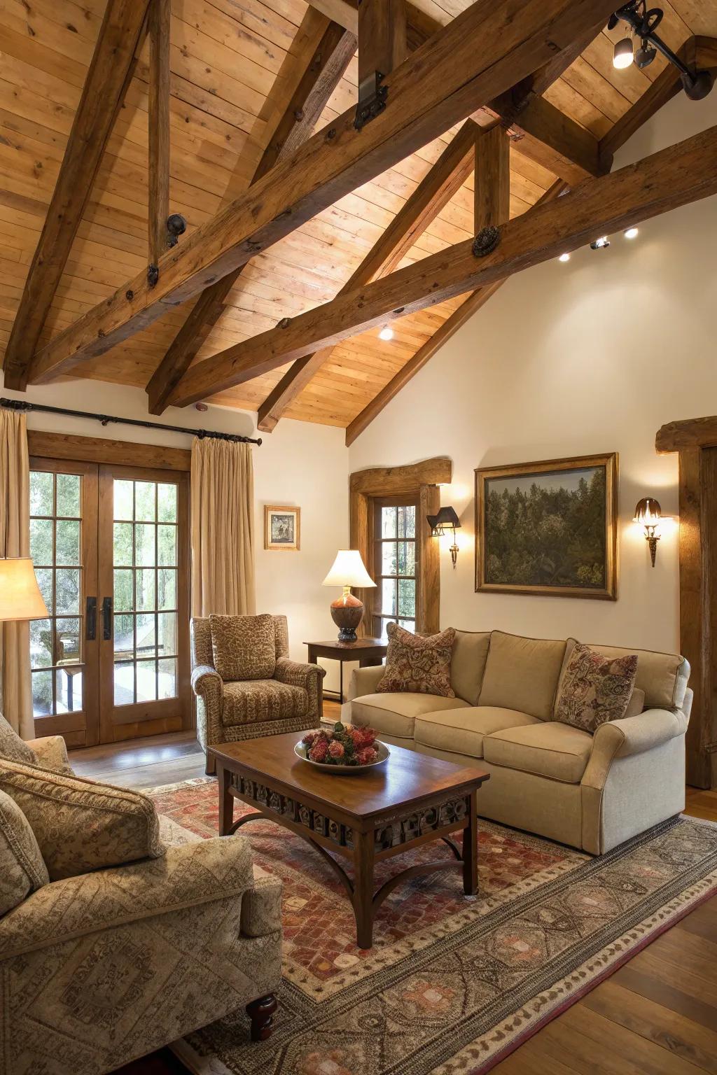 An inviting living area featuring thoughtful seating around wooden beams.
