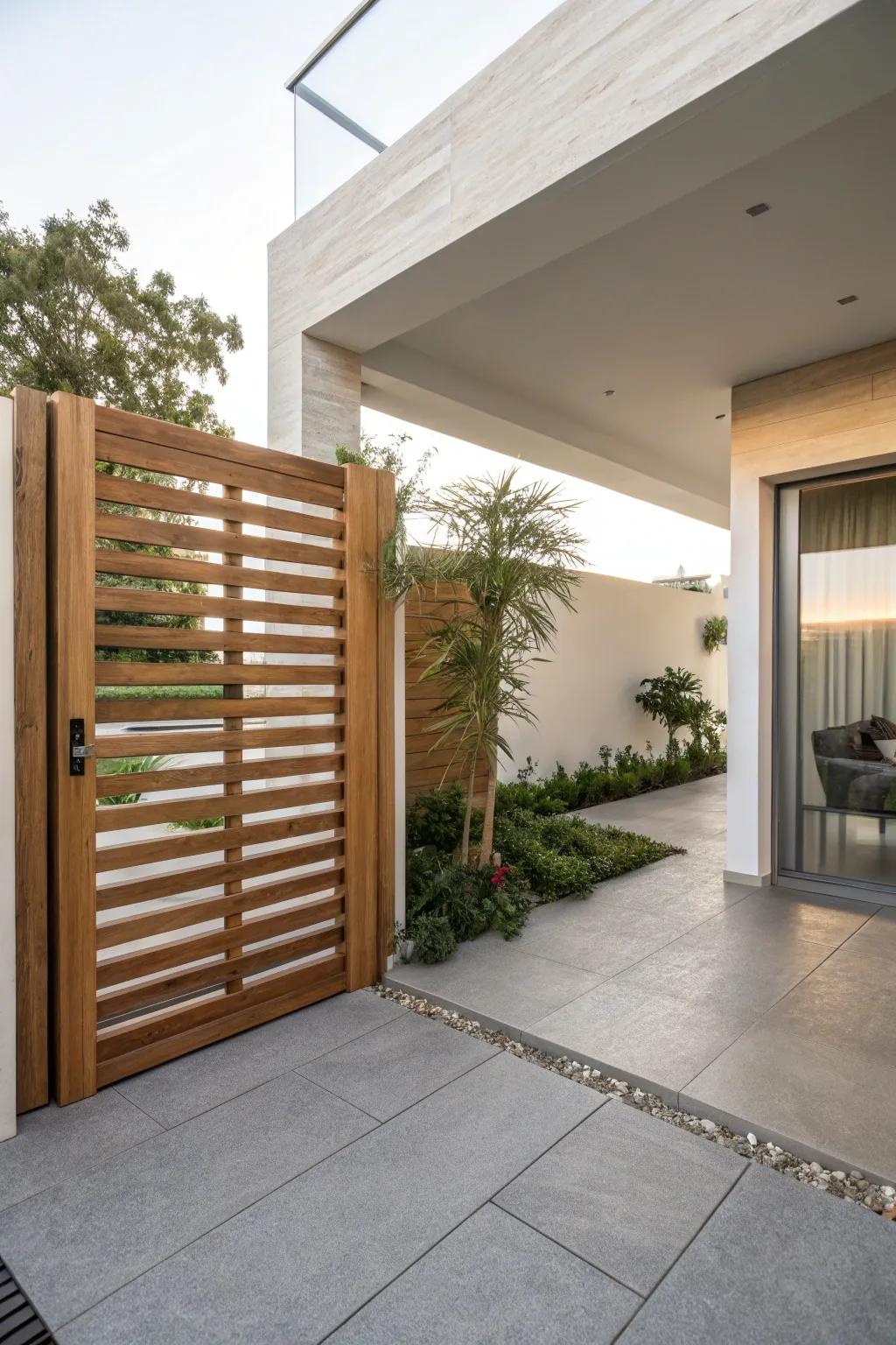 Horizontal slat gates provide a sleek and modern aesthetic.