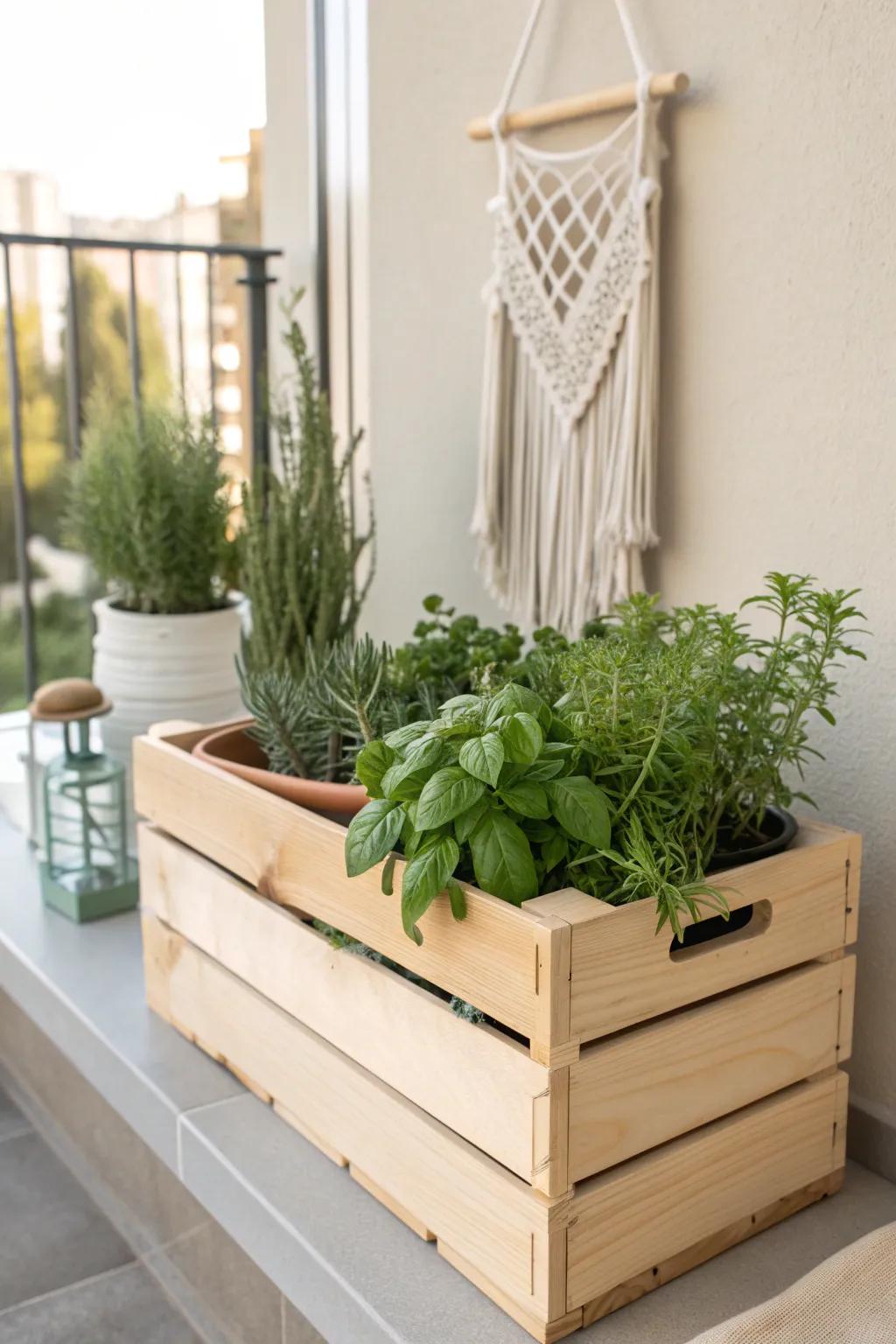 Transform your small space into a green oasis with stylish wooden crate gardens.