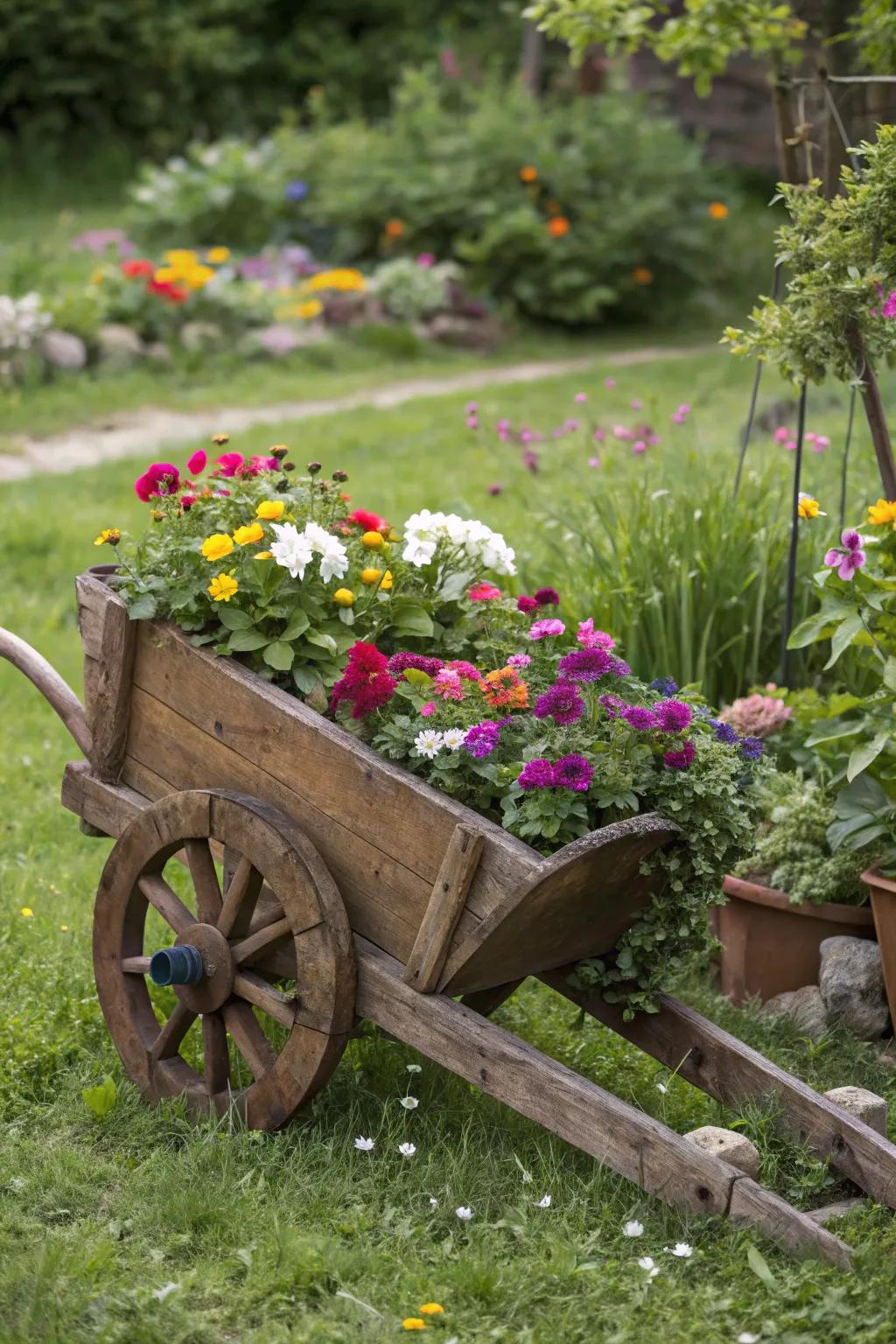 A whimsical wheelbarrow planter brimming with vibrant blooms.