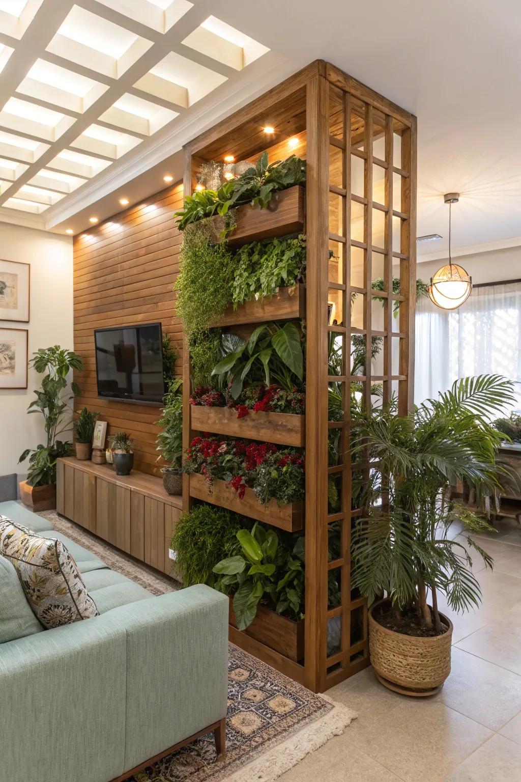 Planters integrated into wooden partitions enhance the natural vibe of this living room.