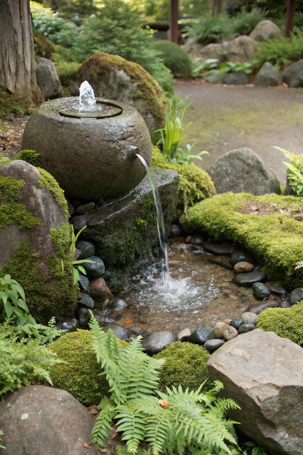 A bubbling boulder fountain bringing life and sound to a rock garden.
