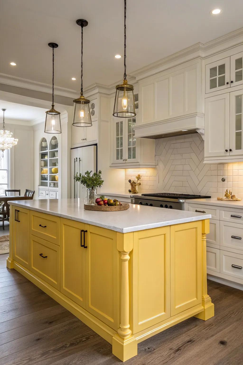 A sunny gold hub turns into the center point of this kitchen.