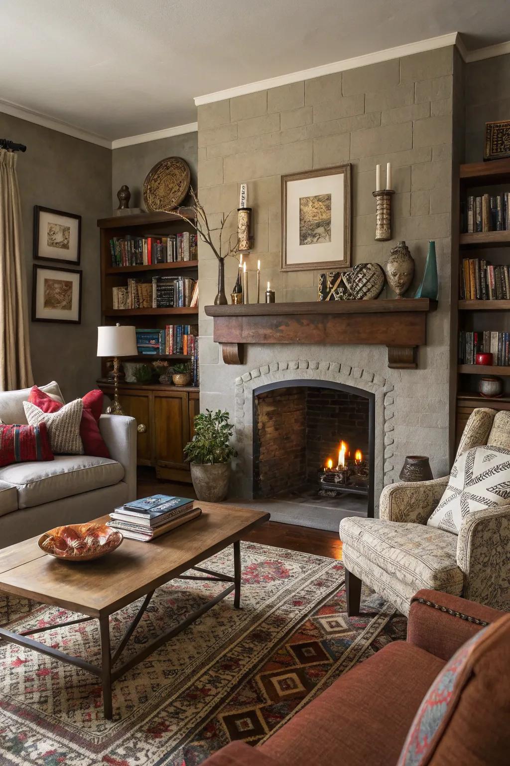 A mix of decor adds character and charm to the fireplace.