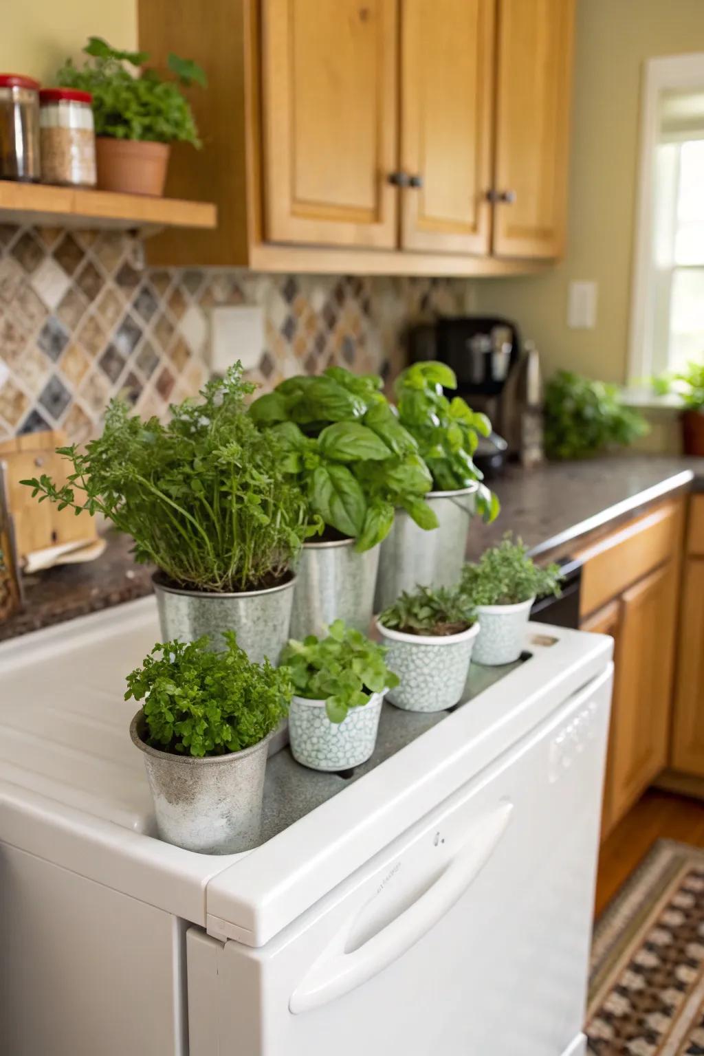A miniature herb garden offers fresh ingredients and decor.