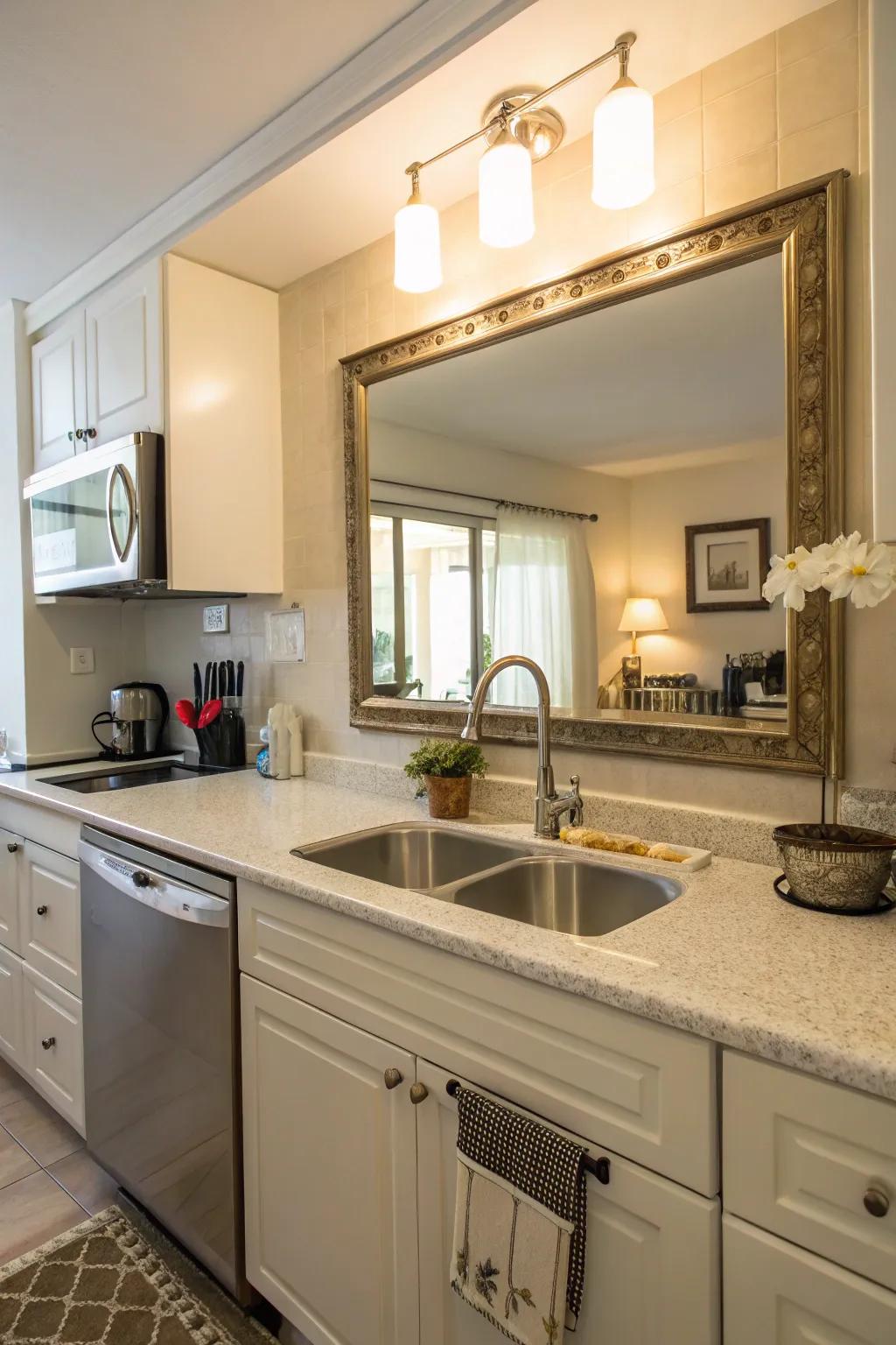 Mirrors expand space and brighten kitchen areas.