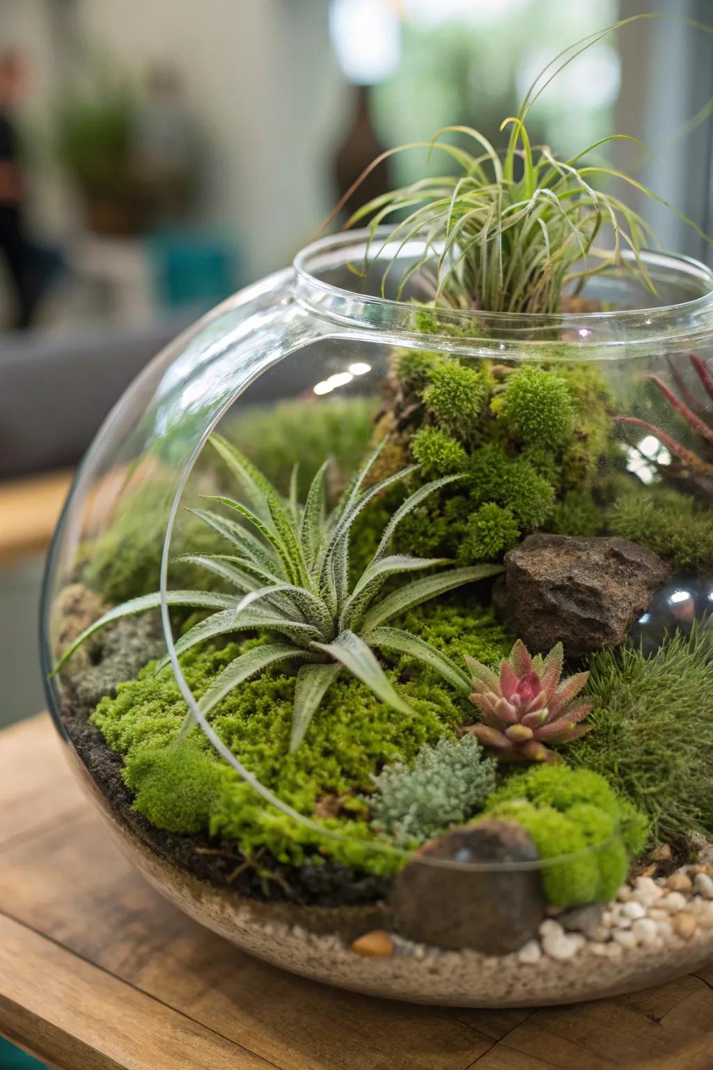 Air plants displayed with moss.