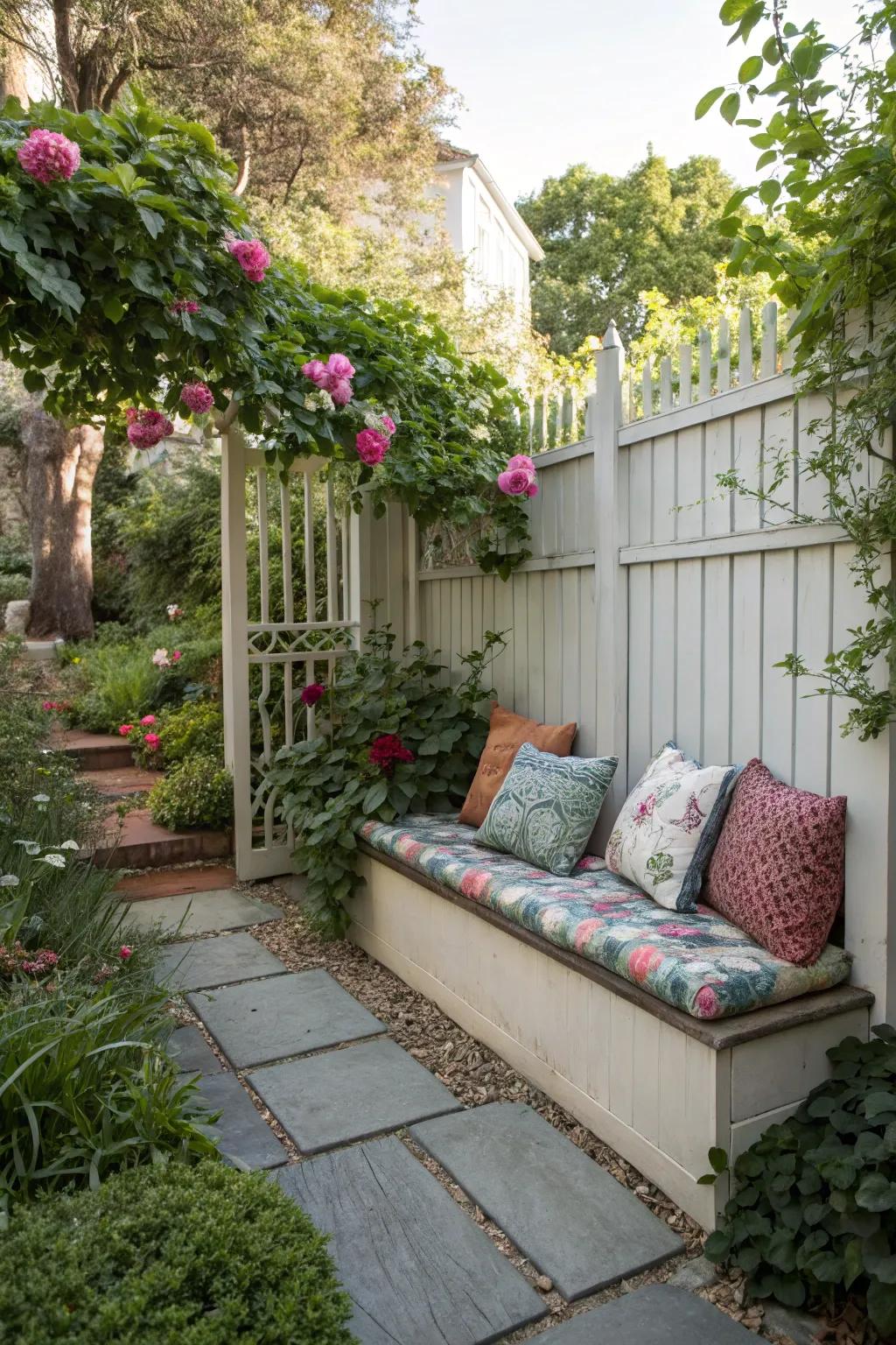 A seating spot creates a relaxing backyard getaway.