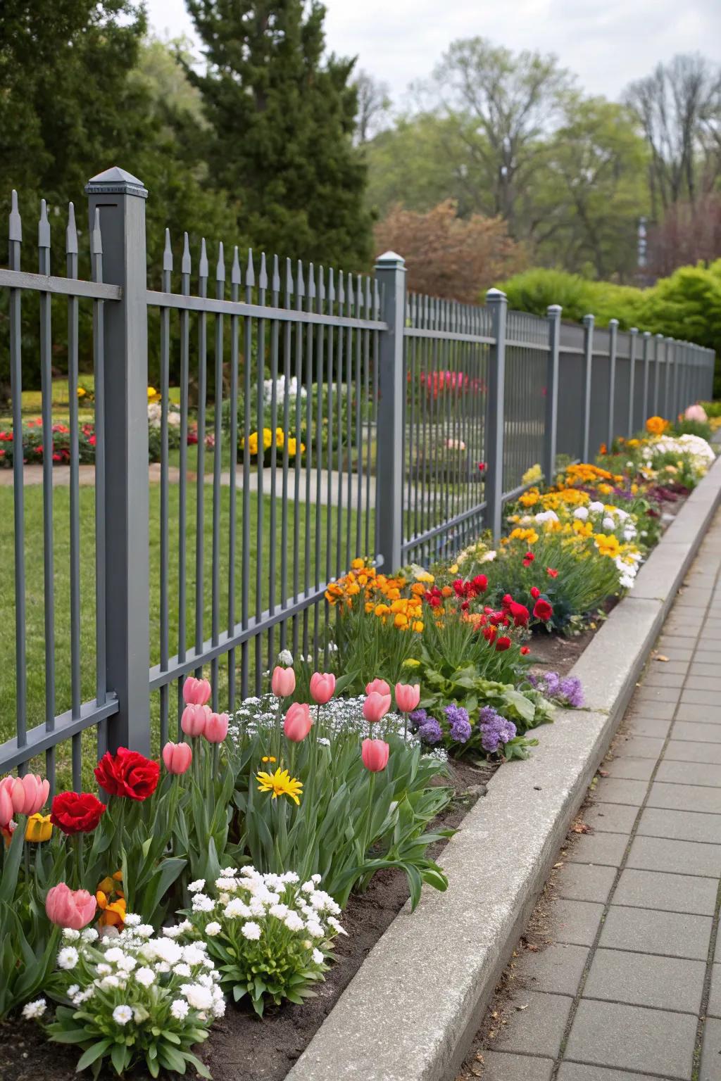 Flower beds bring vivid color to an aluminum fence.