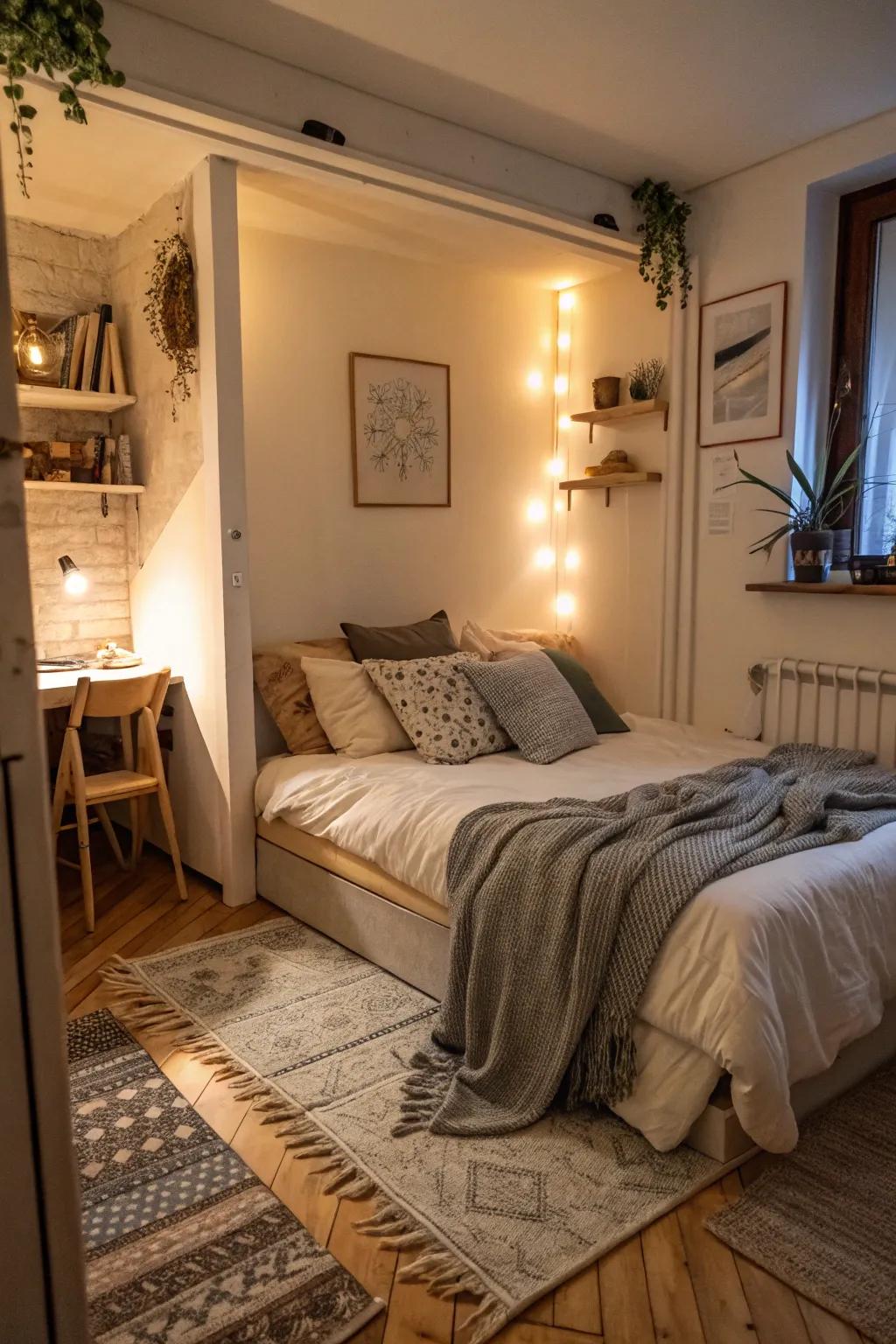 A corner bed creates a snug and private sleeping area within an open space.