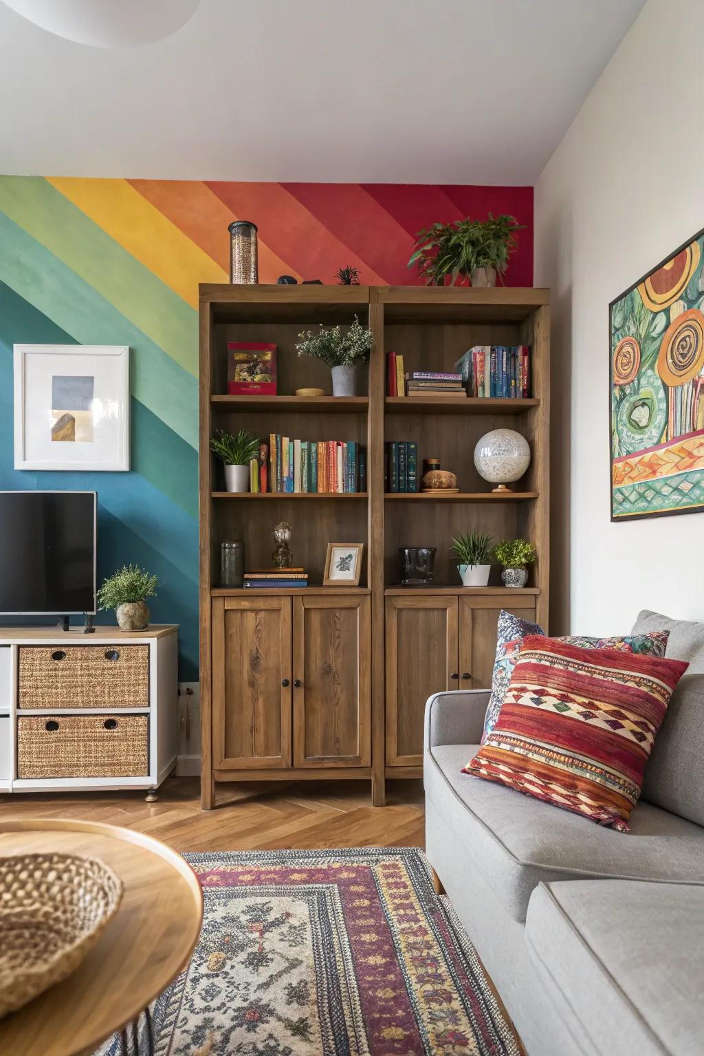 A bold painted backdrop adds depth and interest to a living room bookshelf.