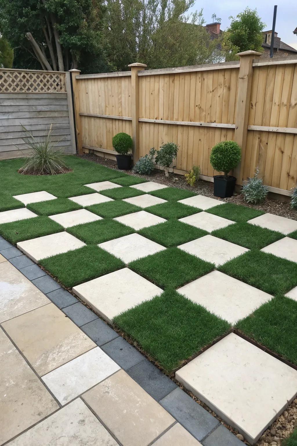 Enhance your yard’s visual interest with an inventive checkerboard design.
