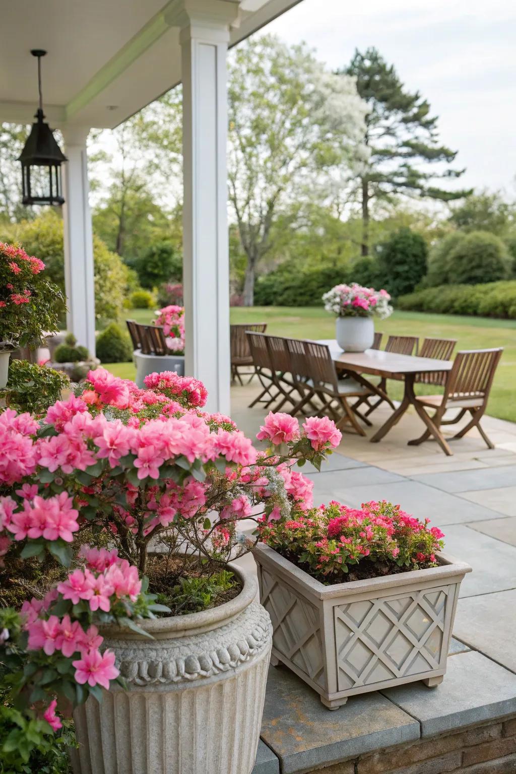 Azaleas adding color to a patio with portable container planting.