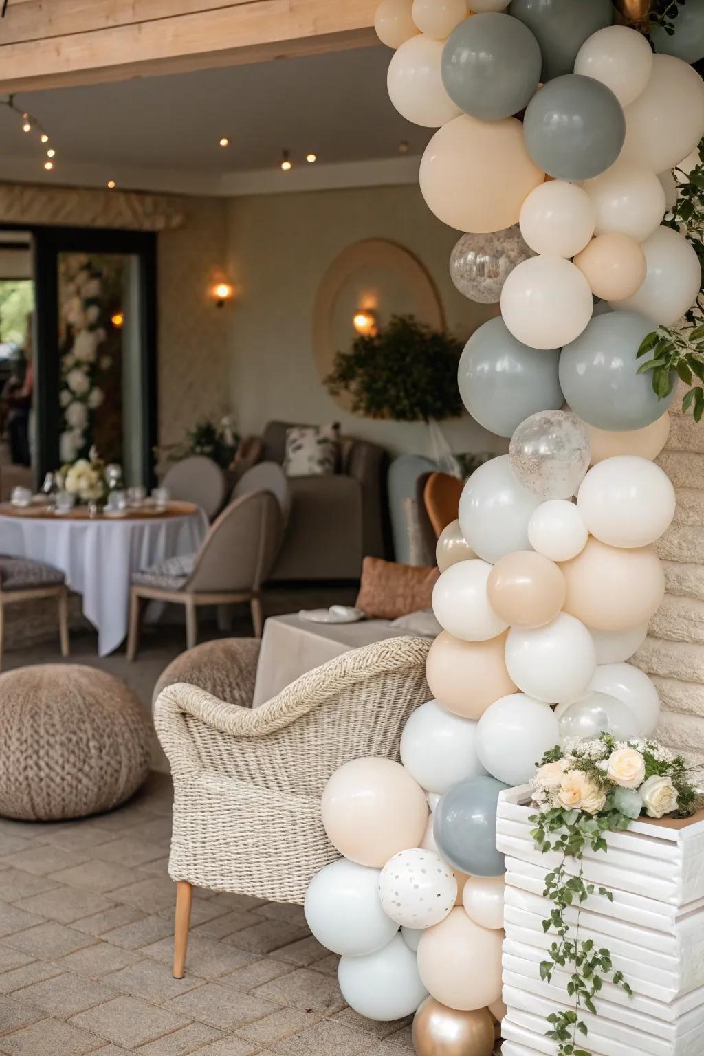 A seating area adorned with neutral-toned balloons.