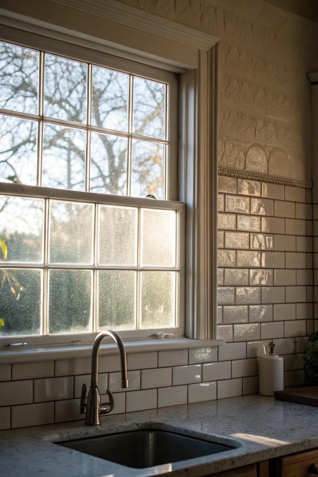 Elegant frosted shimmering tiles framing a kitchen window.
