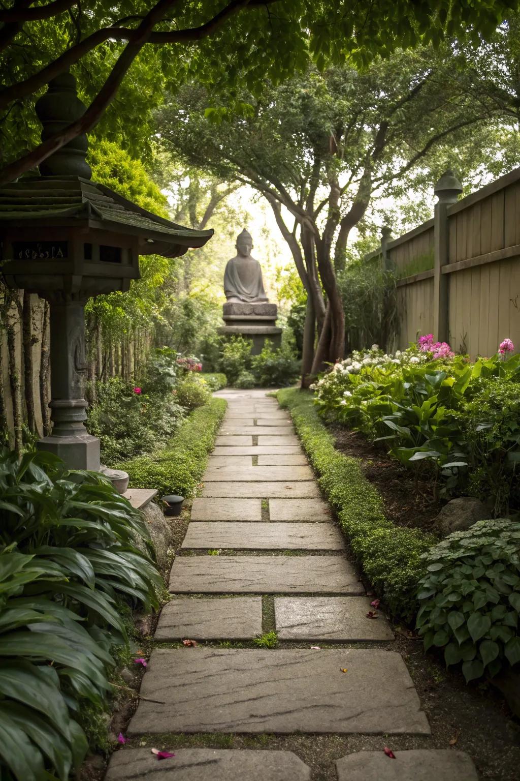 A stone pathway invites mindful walking and contemplation.