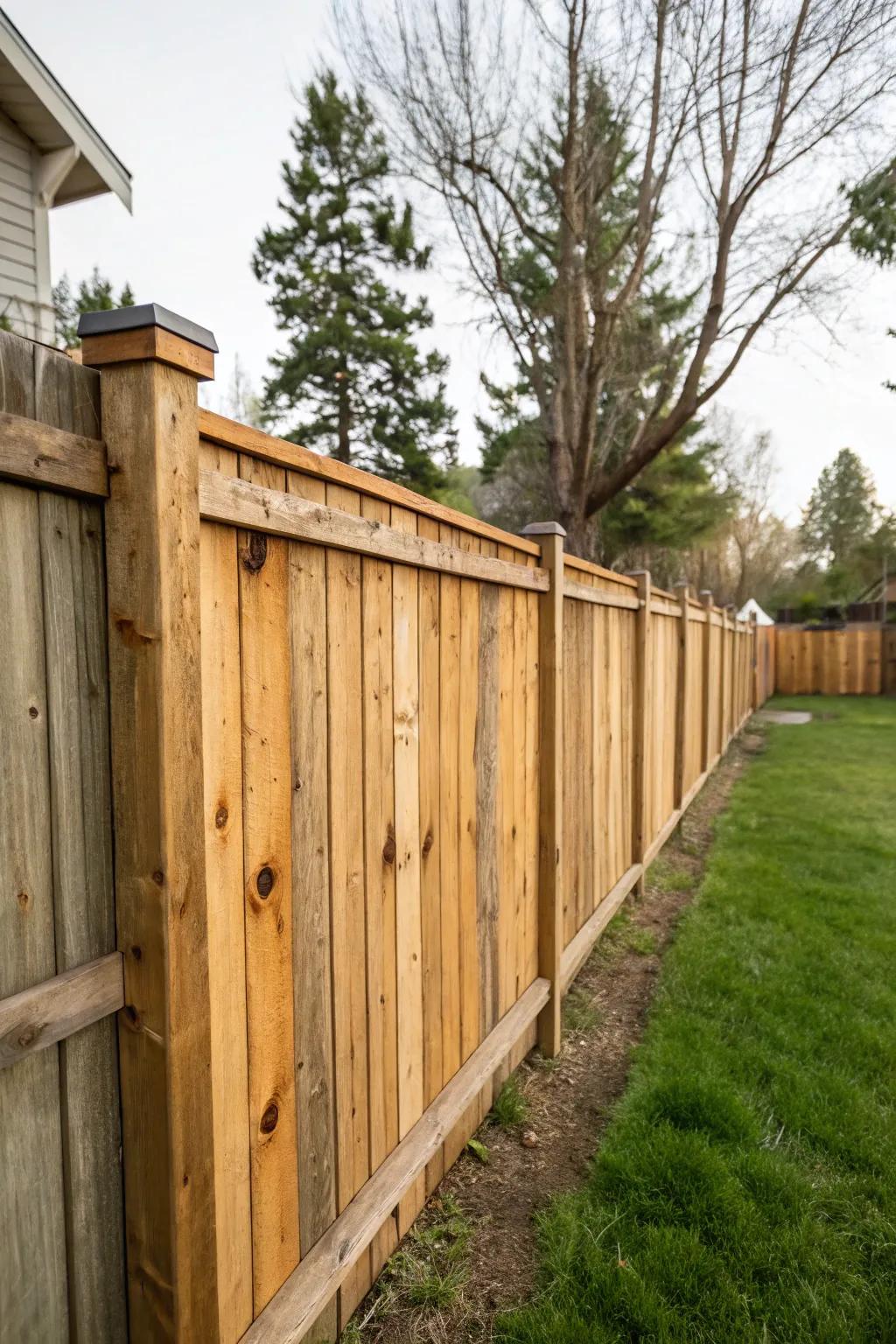 Repurposed timber fencing offers eco-friendliness and character.