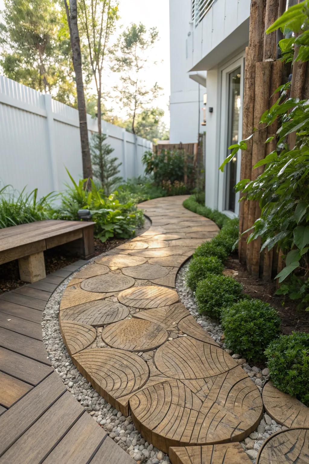 Embrace rustic elegance with wood-look pavers that offer the charm of wood without the upkeep.