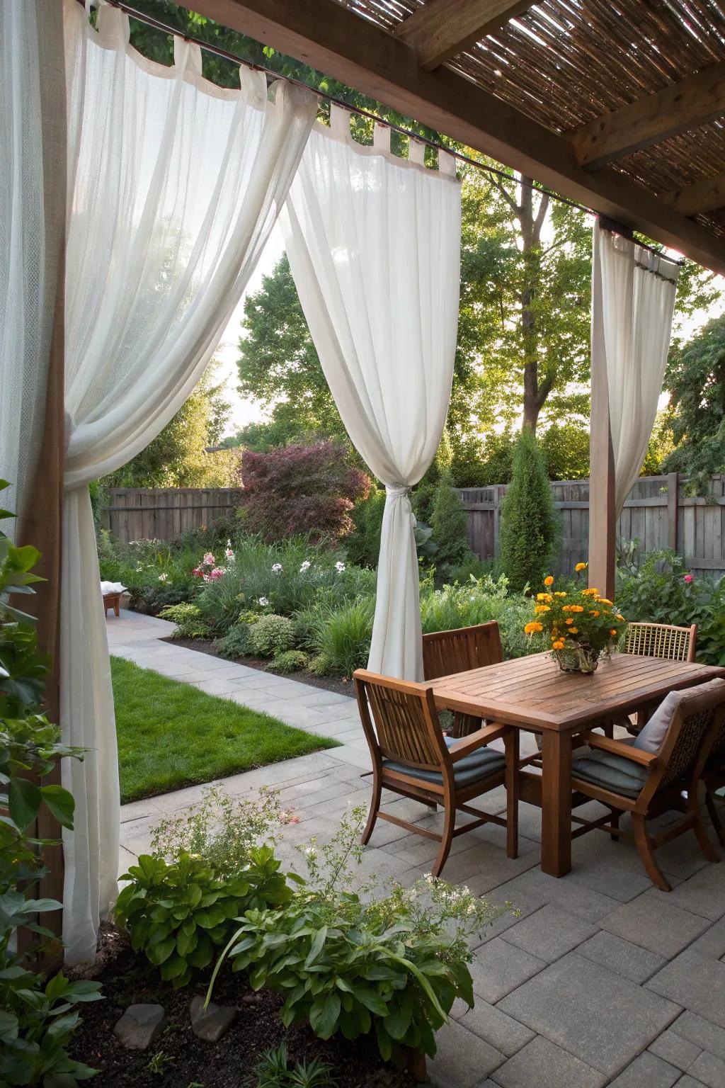 Elegant outdoor sheers creating a breezy, private sanctuary.